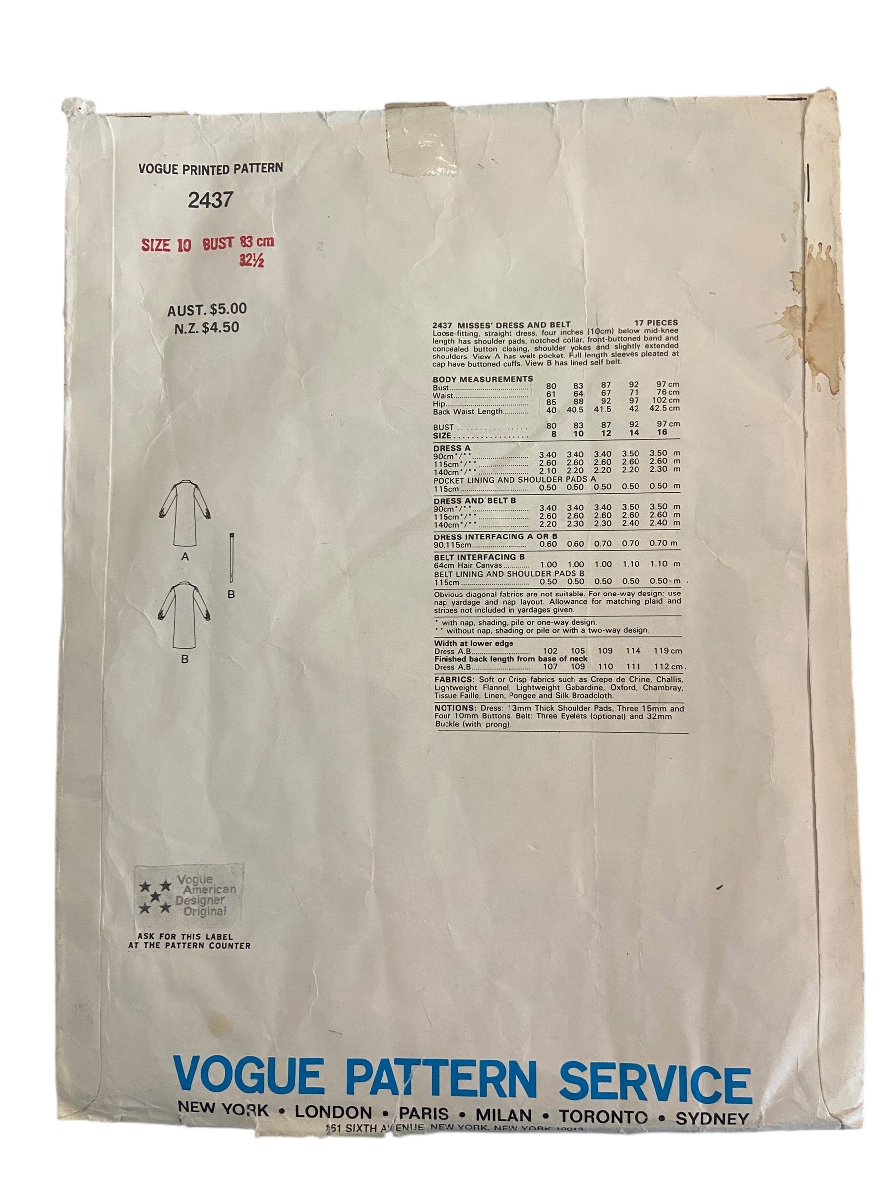 Vintage 1980s Vogue 2437 American Designer Adele Simpson dress sewing pattern Bust 32.5 inches.