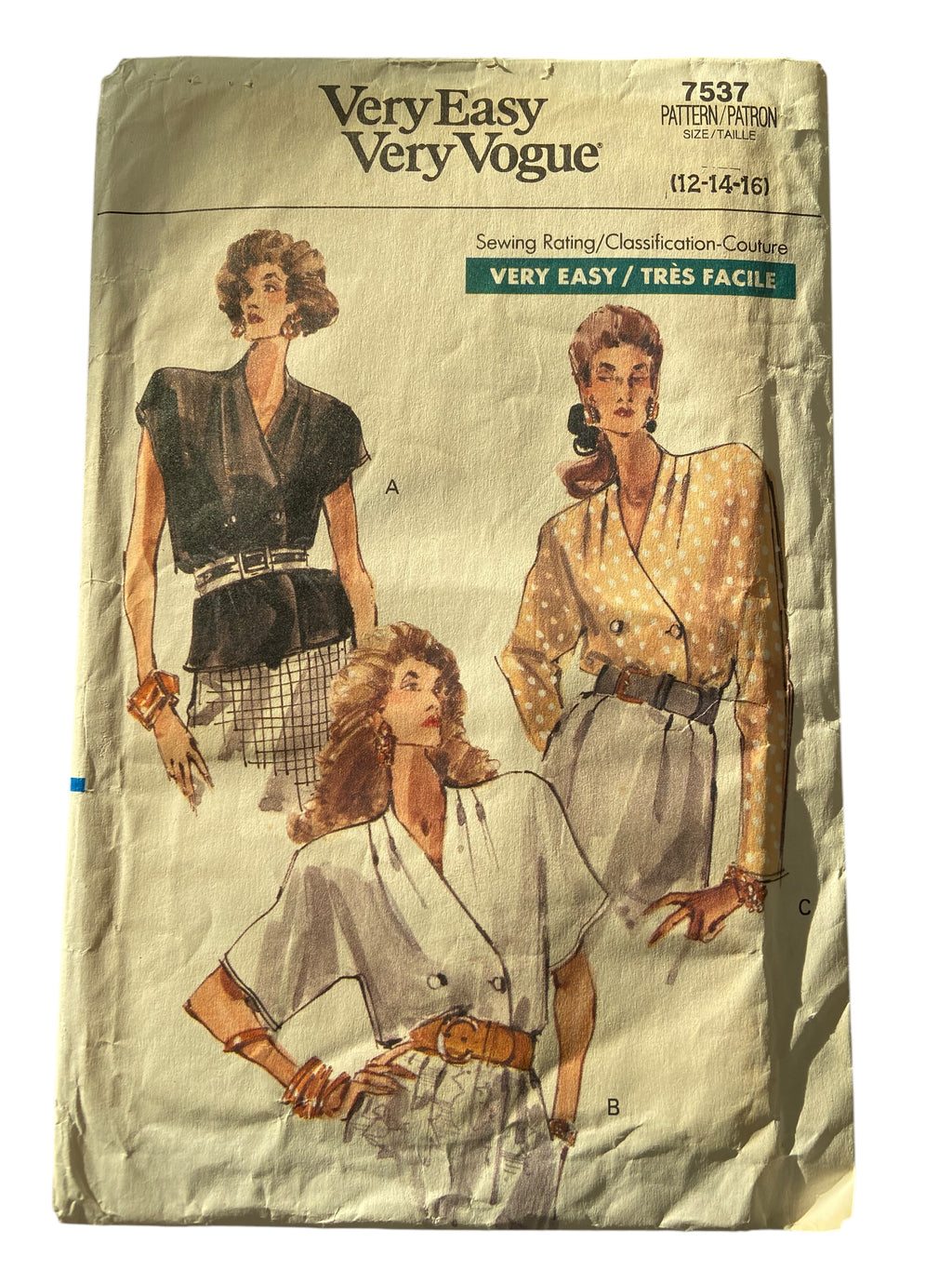 Vogue 7537 Vintage 1980s blouse sewing pattern. Bust 34, 36, 38 inches