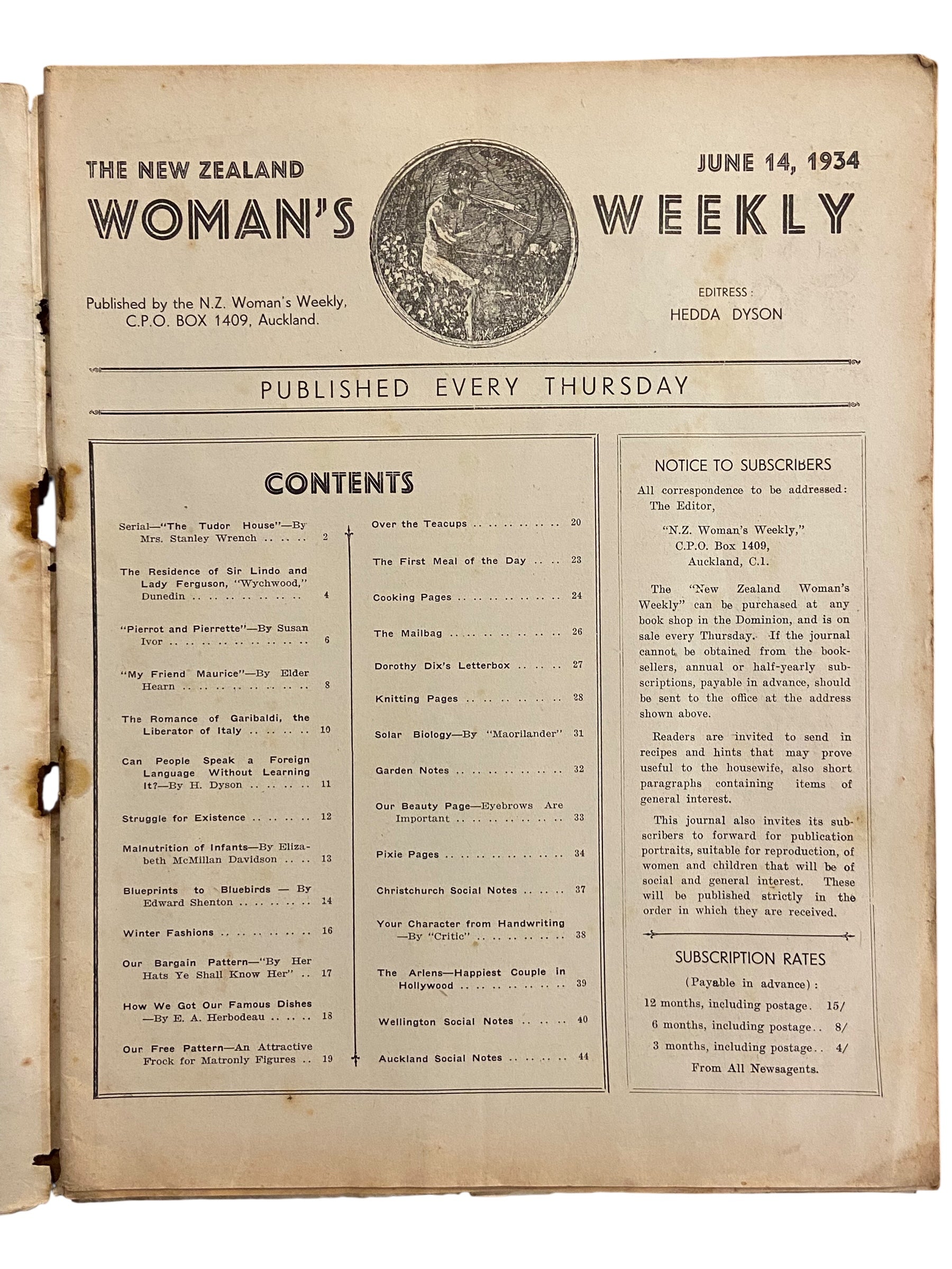 New Zealand Woman’s Weekly June 14 1934 with a sewing pattern, unused, factory folded, ladies frock (an attractive frock for the matronly figure), bust 36 inches