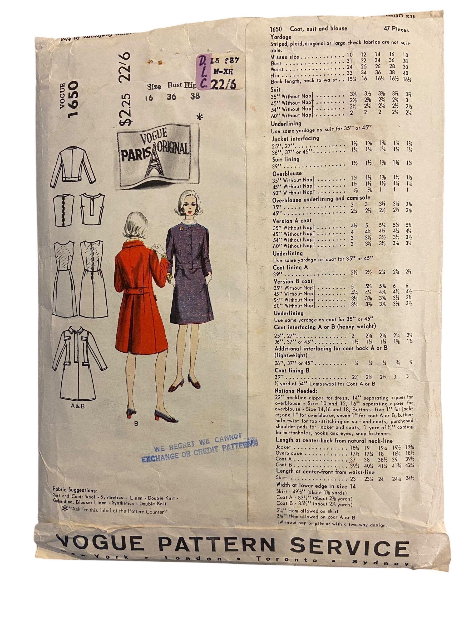 Vintage 1960s Vogue 1650 Paris Original Nina Ricci coat, suit and blouse sewing pattern Bust 36 inches WOUNDED BARGAIN