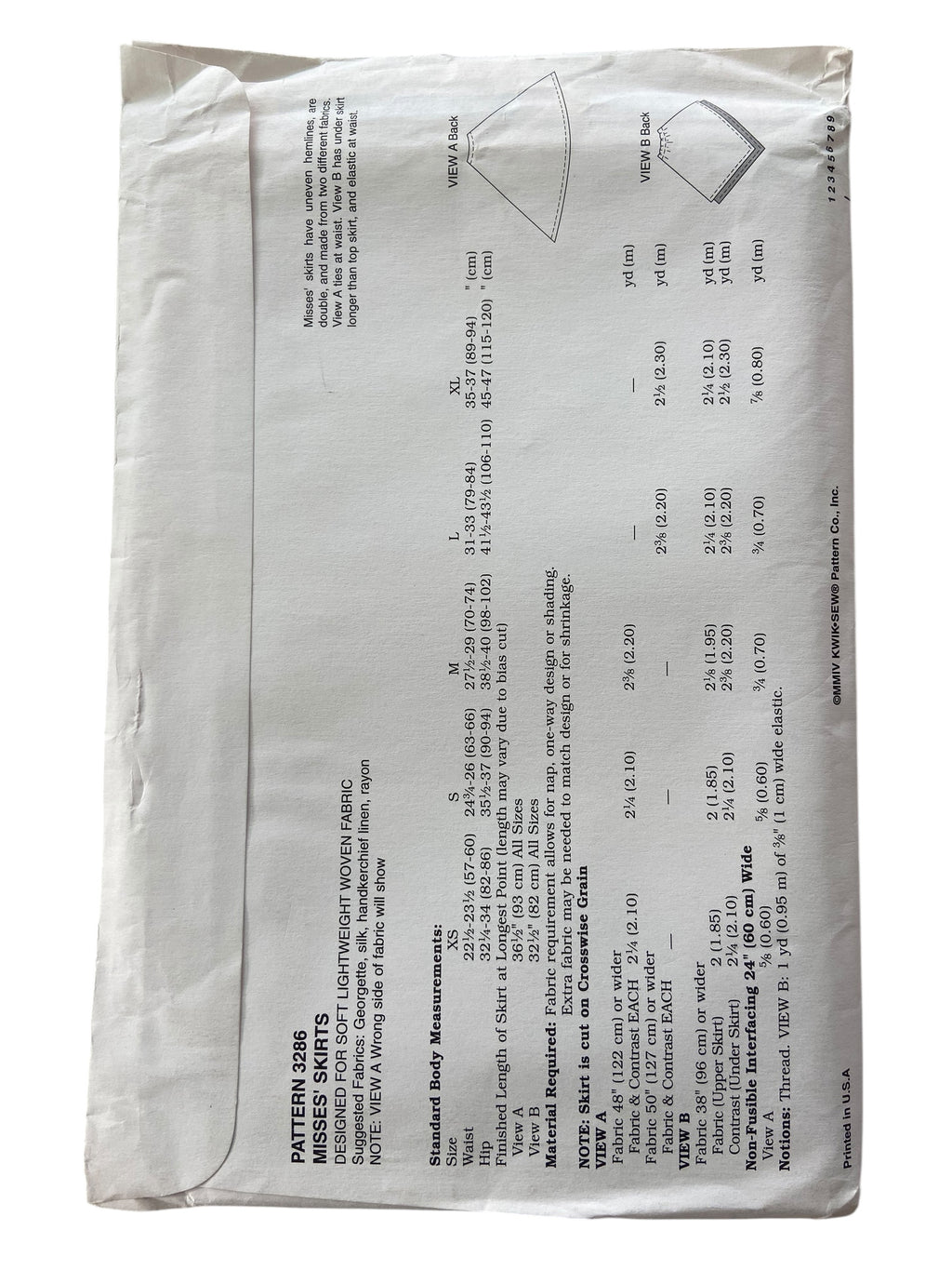 Kwik Sew 3286 skirt sewing pattern. Multisize pattern