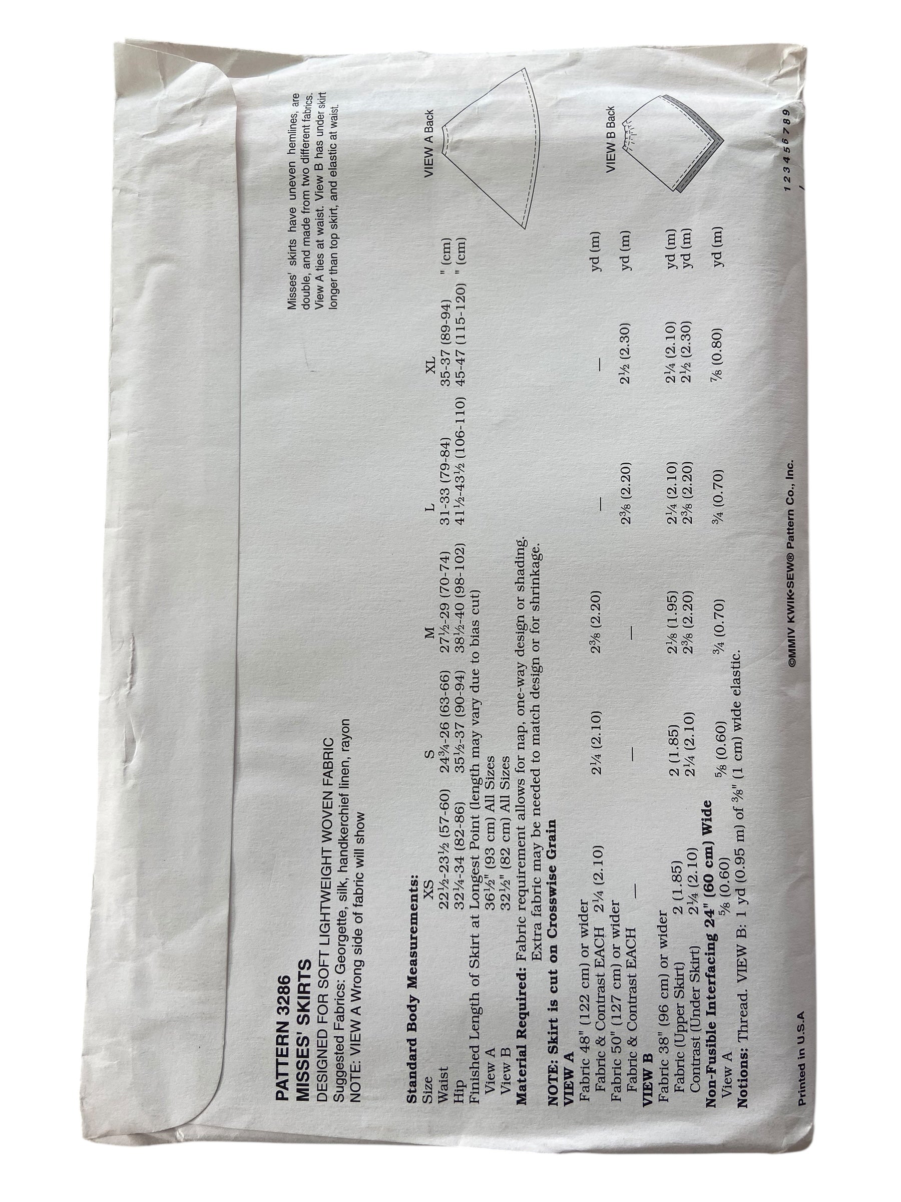 Kwik Sew 3286 skirt sewing pattern. Multisize pattern