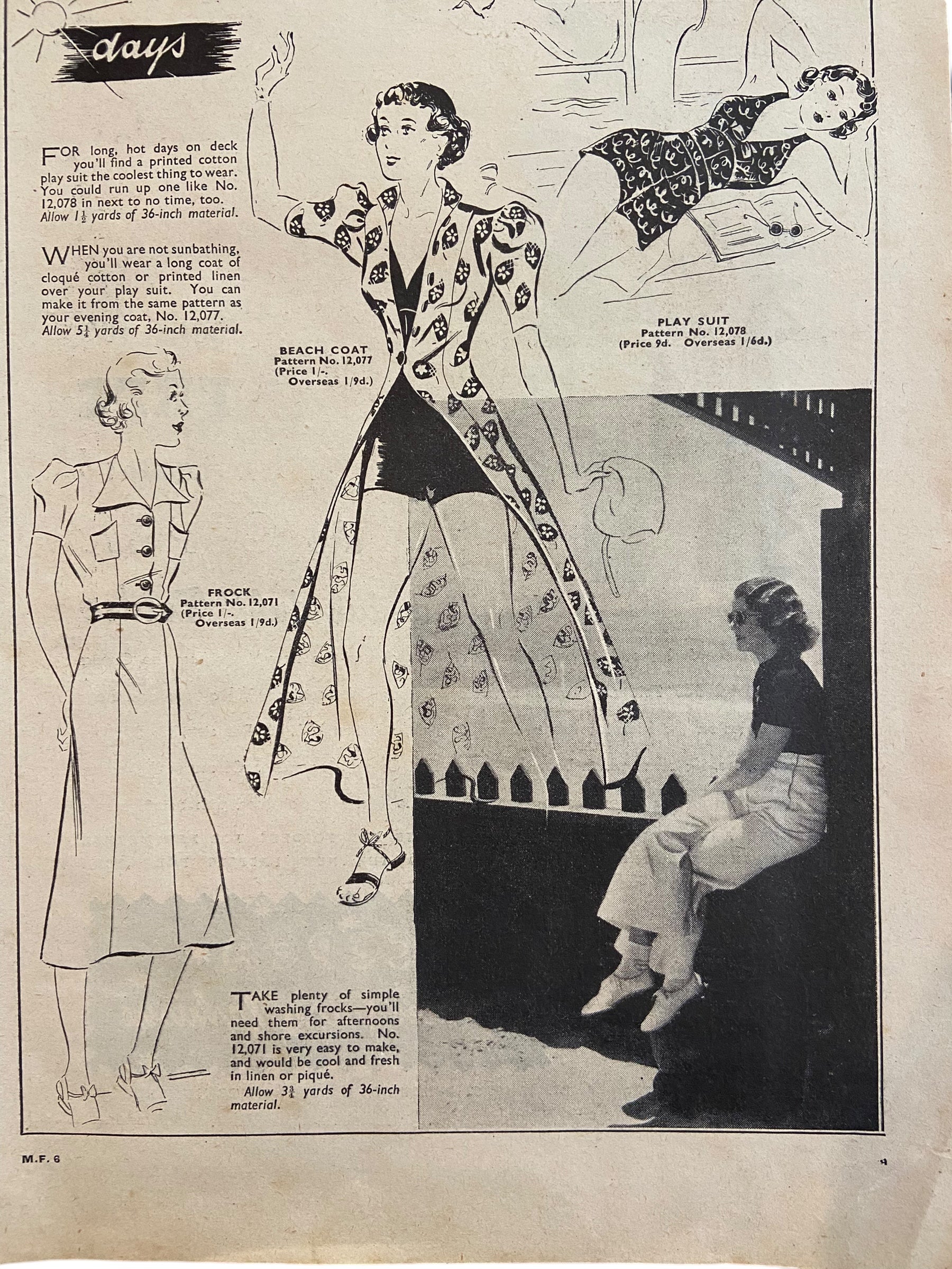 Mabs Fashions July 1937 with two dress sewing patterns, unused, factory folded. Bust 34 inches .