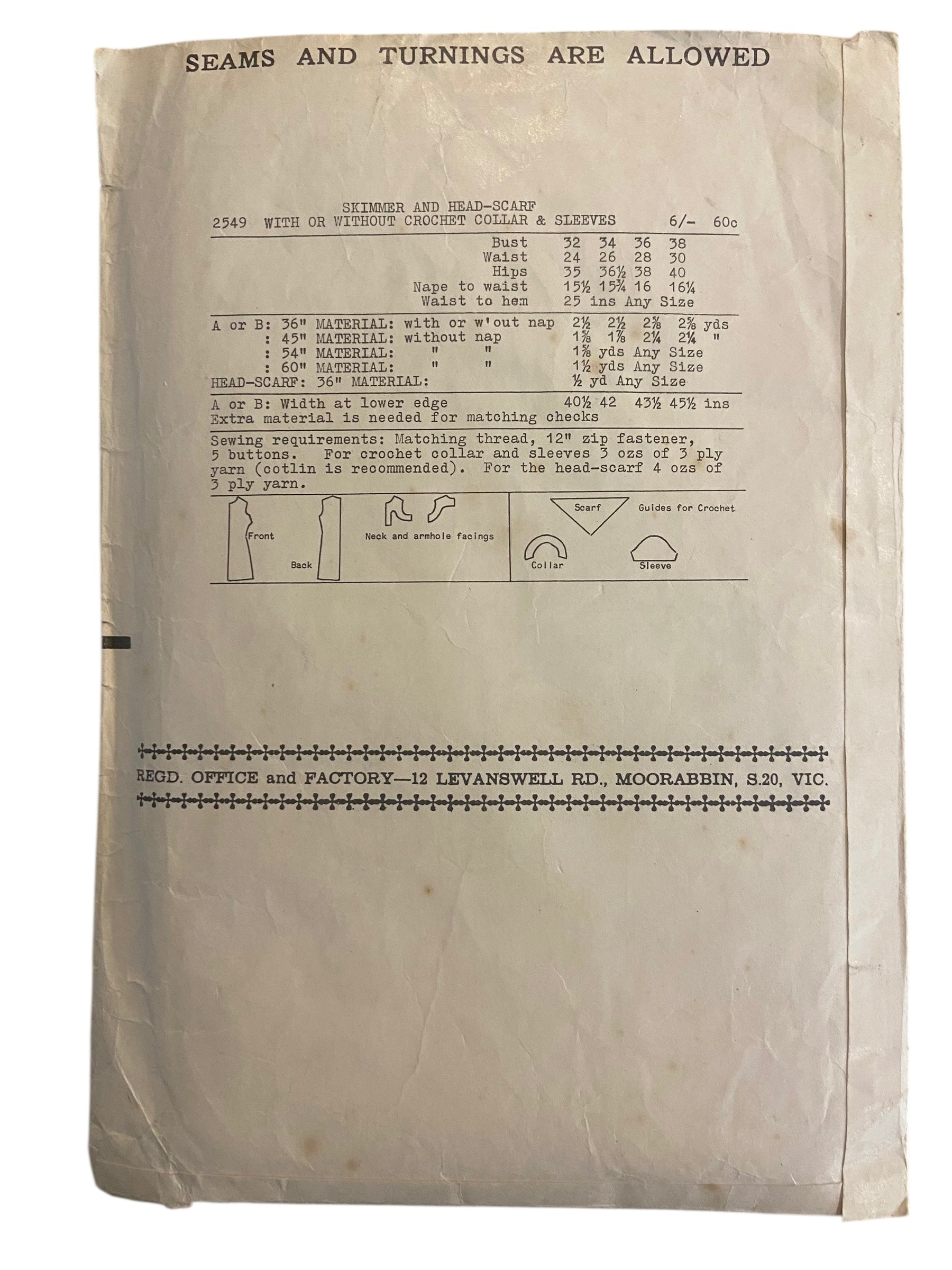 Weigel's 2549 vintage 1960s dress and headscarf with or without crochet collar and sleeves sewing pattern Bust 34 inches