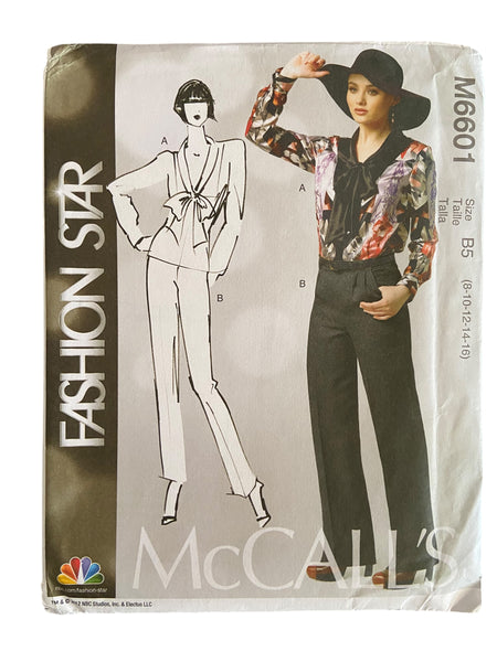 McCall’s M6601 Fashion Star blouse and pants sewing pattern from the 2000s. Bust 31.5, 32.5, 34, 36, 38 inches.