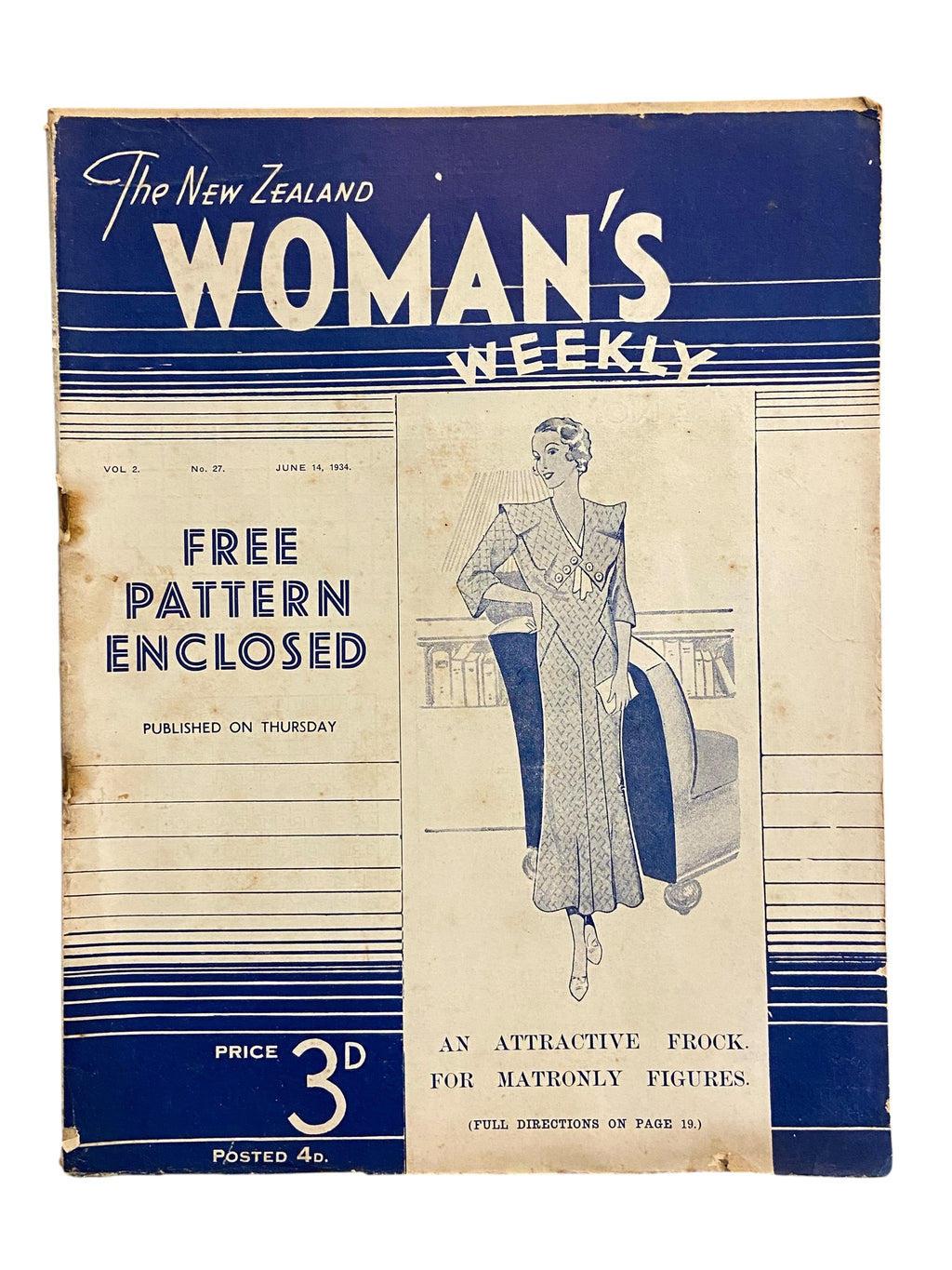 New Zealand Woman’s Weekly June 14 1934 with a sewing pattern, unused, factory folded, ladies frock (an attractive frock for the matronly figure), bust 36 inches