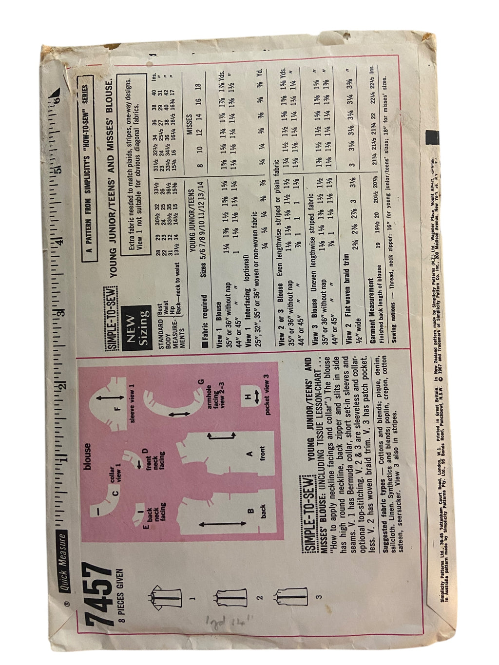 Simplicity 7457 1960s blouse pattern. Bust 36 inches