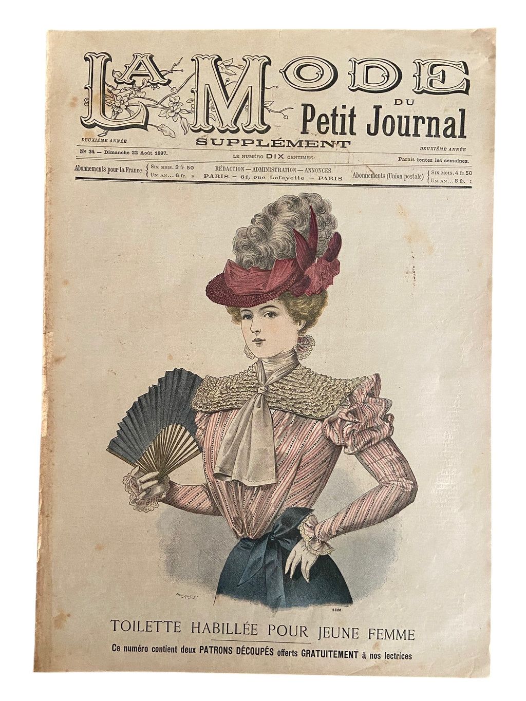 La Mode du Petit Journal 22 Aout 1897 French women’s magazine with a sewing pattern for a child’s jacket included