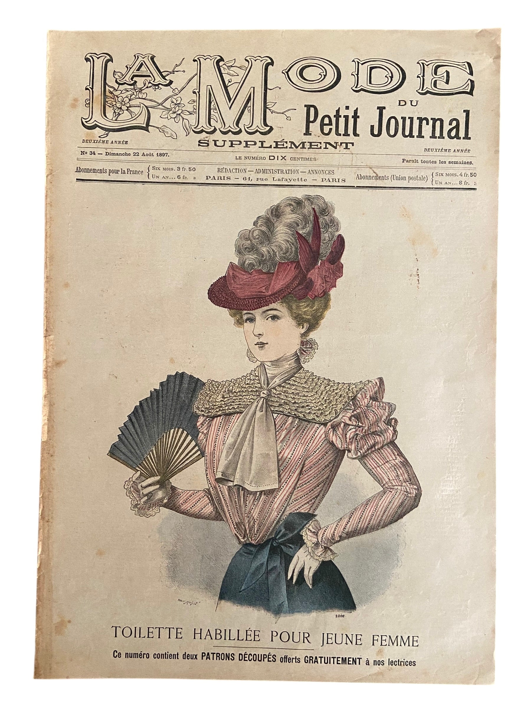 La Mode du Petit Journal 22 Aout 1897 French women’s magazine with a sewing pattern for a child’s jacket included