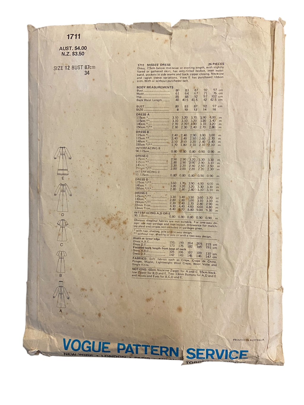 Vogue 1711 vintage 1970s dress sewing pattern Bust 34 inches