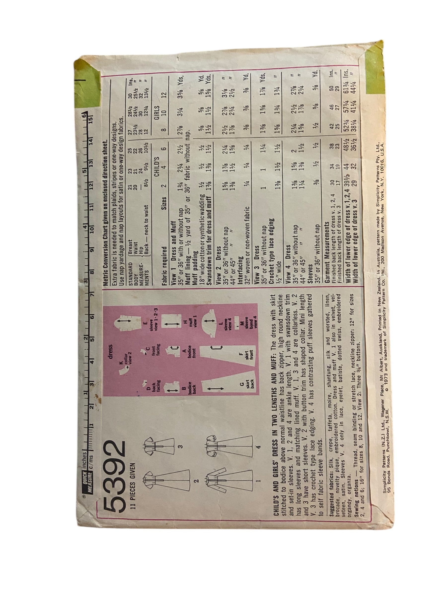 Simplicity 5392 vintage 1970s child's dress sewing pattern. Chest 28.5 inches