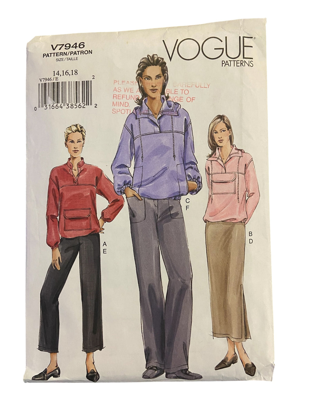Vogue v7946 2000s sewing pattern top, skirt and pants sewing pattern. Bust 36, 38, 40 inches