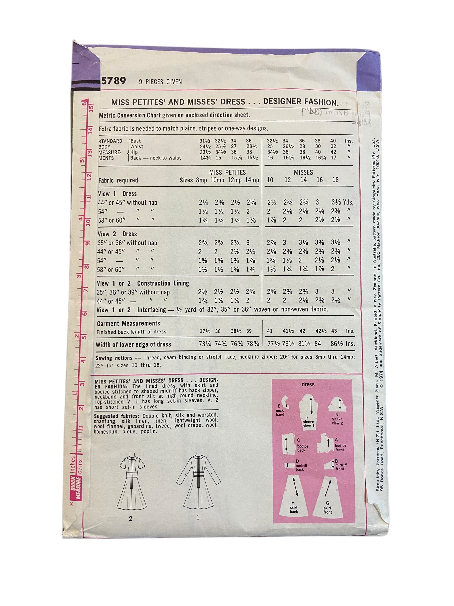 Simplicity 5789 vintage 1970s dress sewing pattern