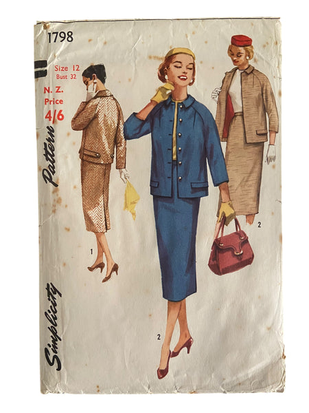 Simplicity 1798 vintage 1950s two-piece suit sewing pattern. Bust 32 inches