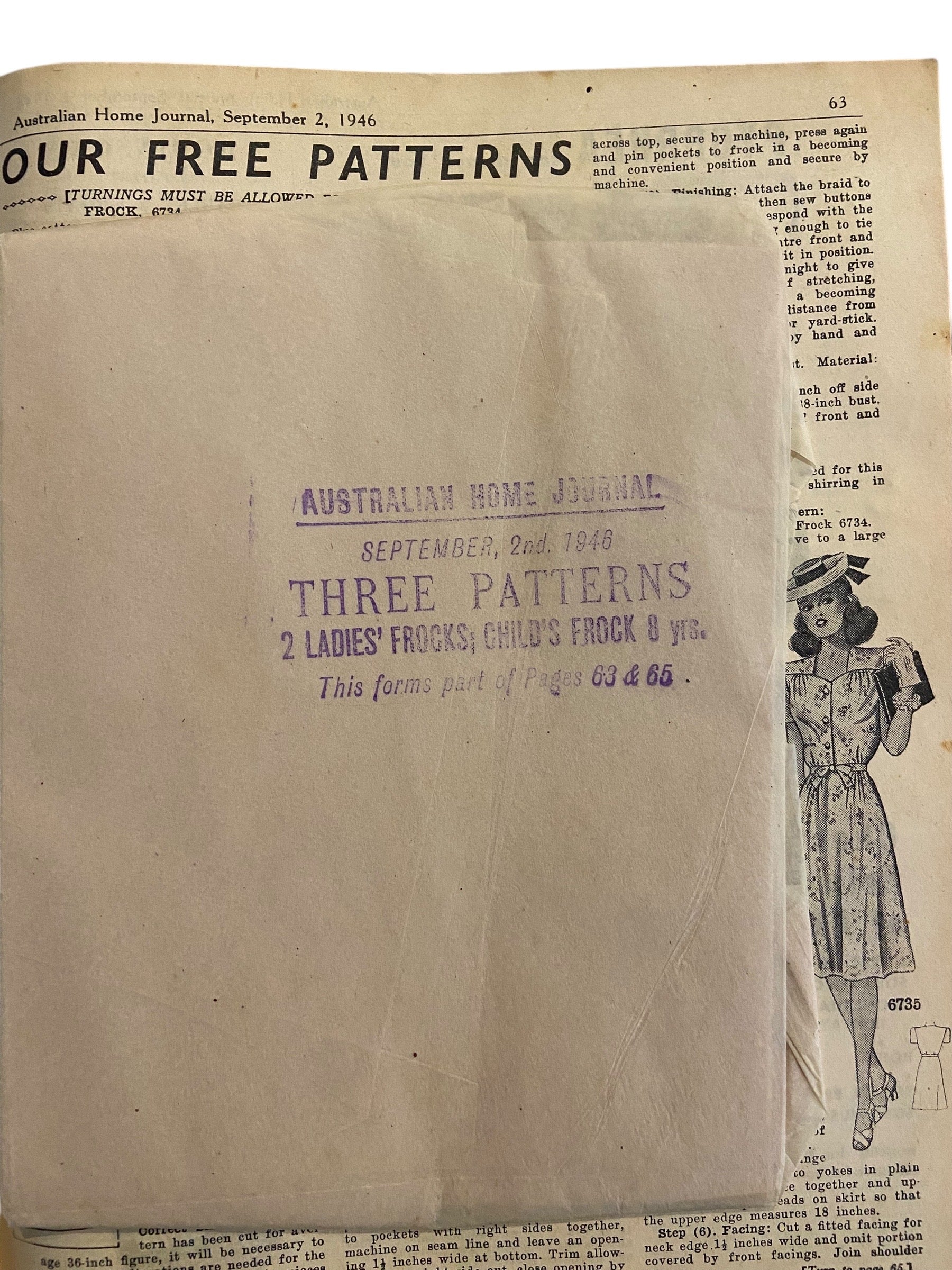 Australian home journal September 2nd 1946 with three sewing patterns, unused, factory folded, two women’s dresses (36 inch bust) and child’s frock age 8 years