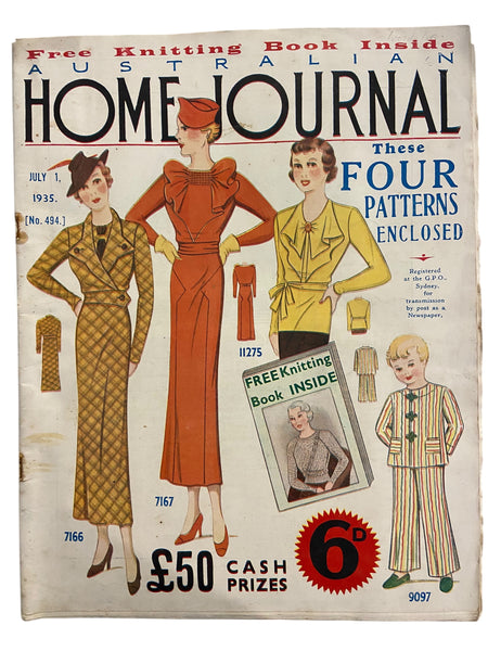 Australian home journal July 1 1935 with four sewing patterns, unused, factory folded, two frocks, blouse (36 inch bust) and boy’s pyjamas.