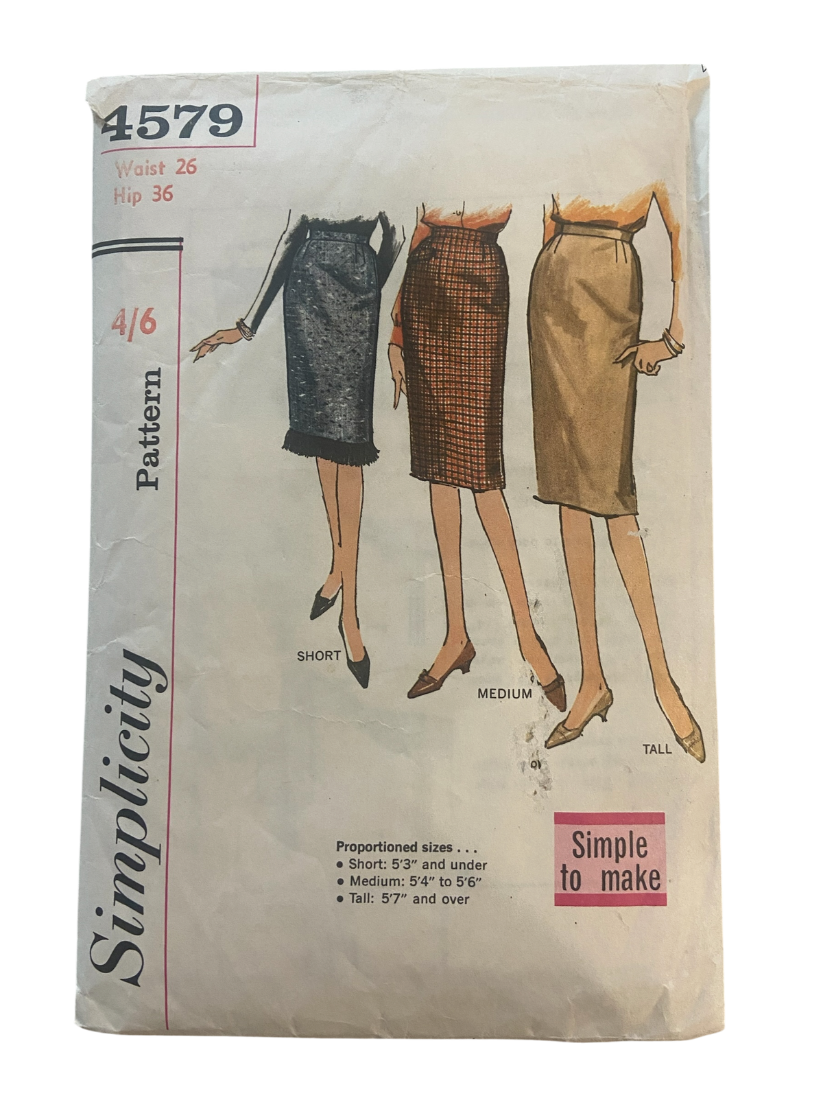 Simplicity 4579 vintage 1960s skirts pattern sewing pattern. Waist 26, hip 36 inches.