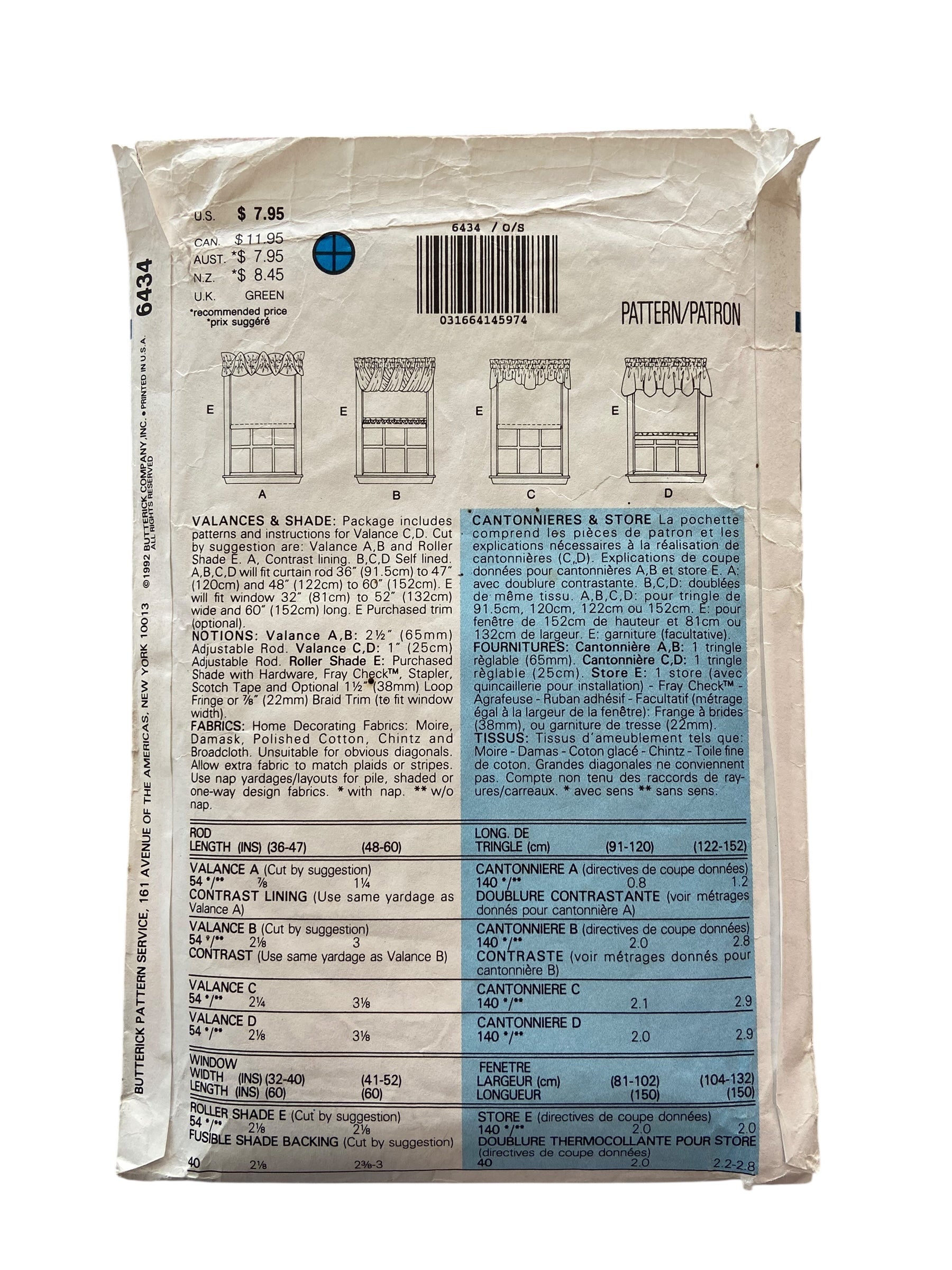 Butterick 6434 vintage 1990s easy to do windows sewing pattern.