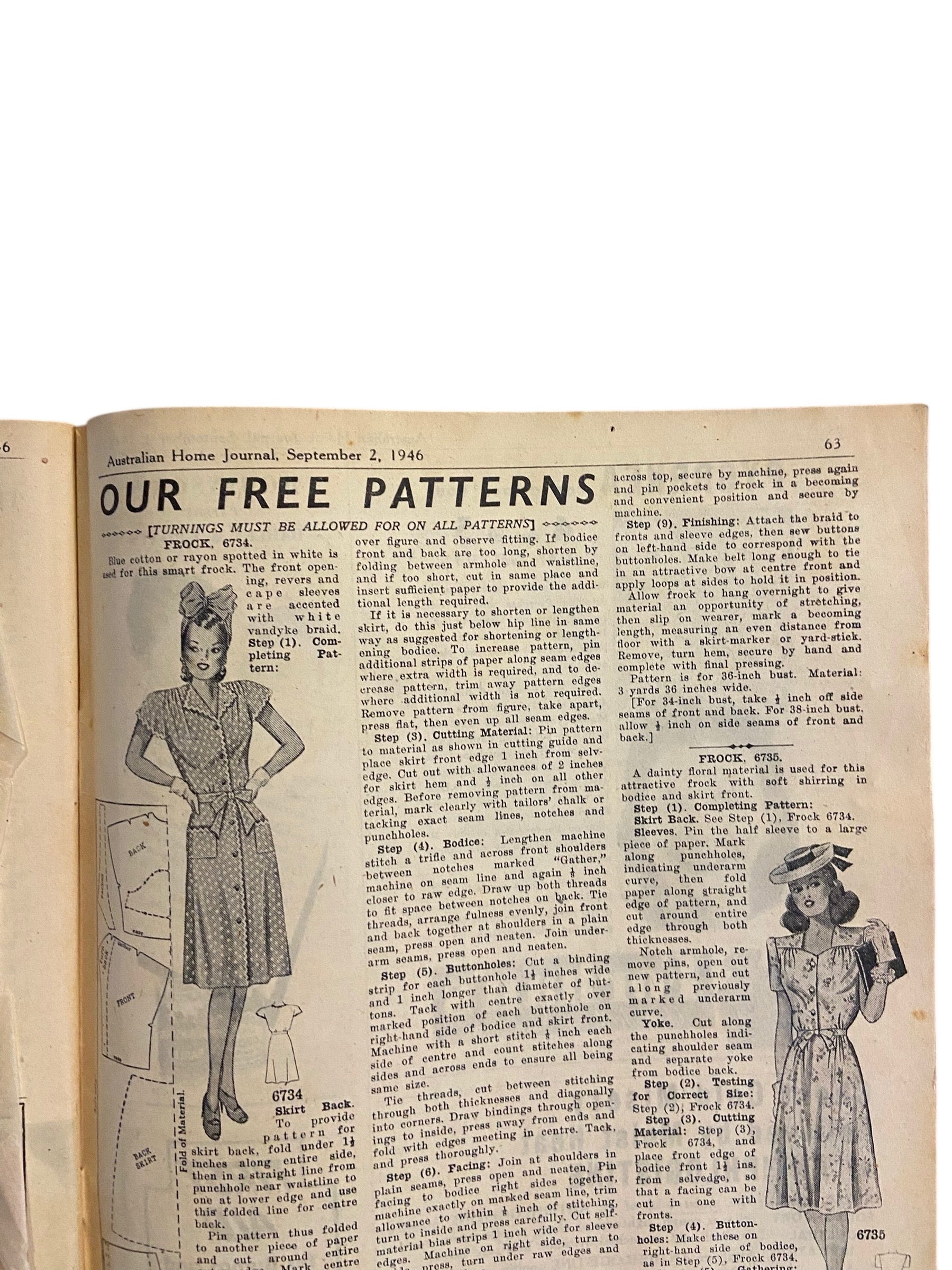 Australian home journal September 2nd 1946 with three sewing patterns, unused, factory folded, two women’s dresses (36 inch bust) and child’s frock age 8 years