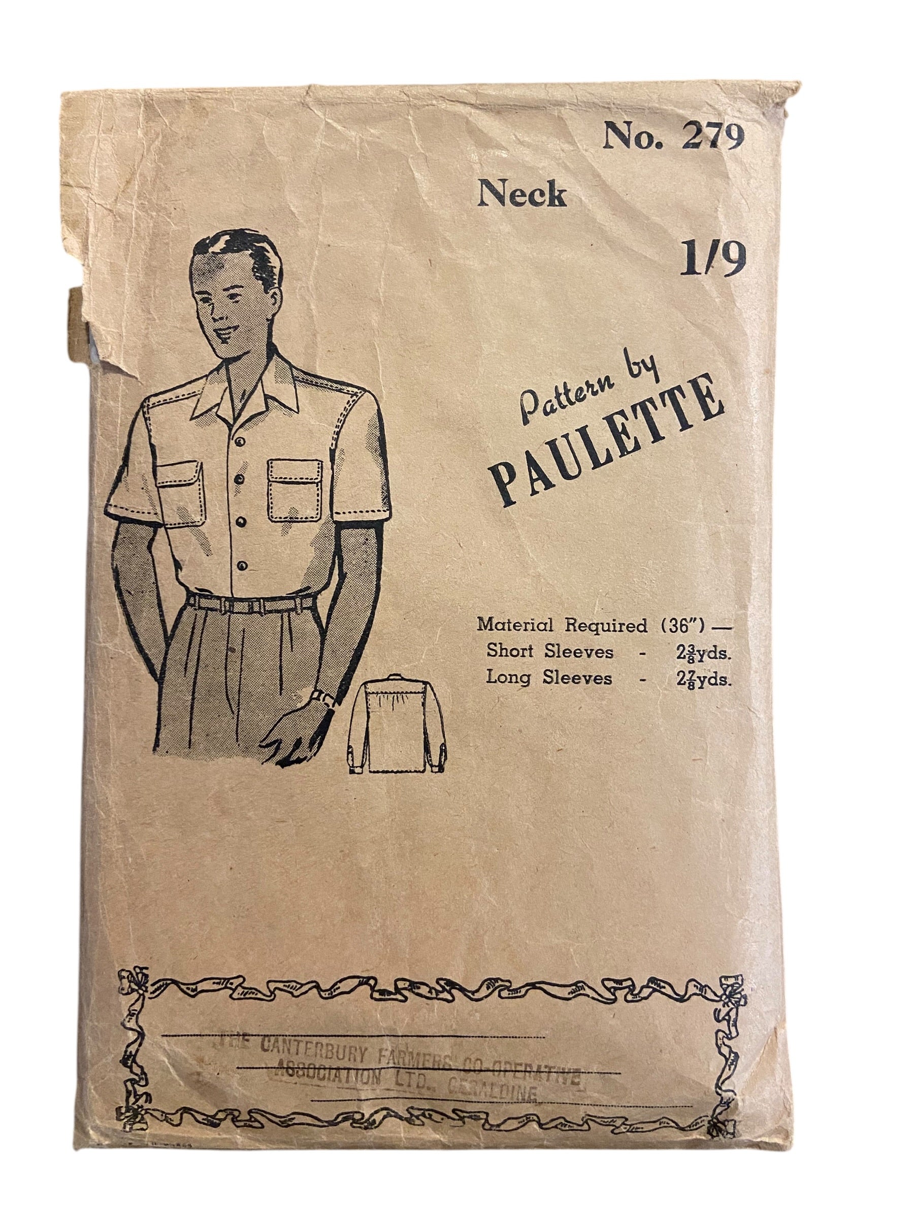 Paulette 279 vintage 1940s or  1950s men's shirt pattern. 15.5 inch neck