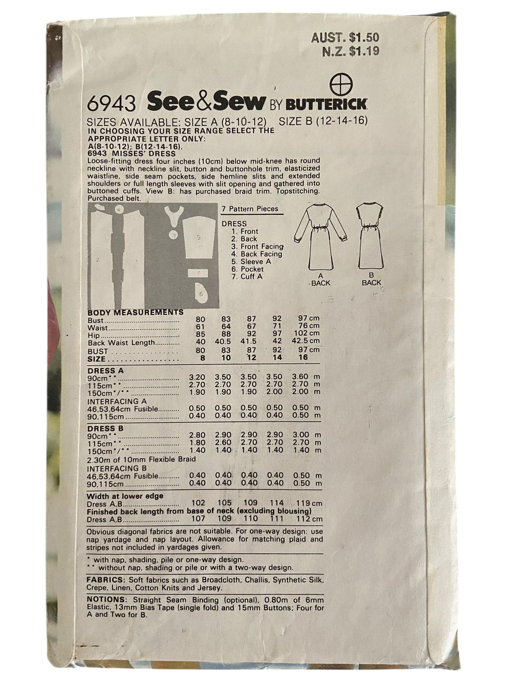 Butterick 6943 vintage 1970s  dress pattern. Bust 31.5, 32.5, 34 inches