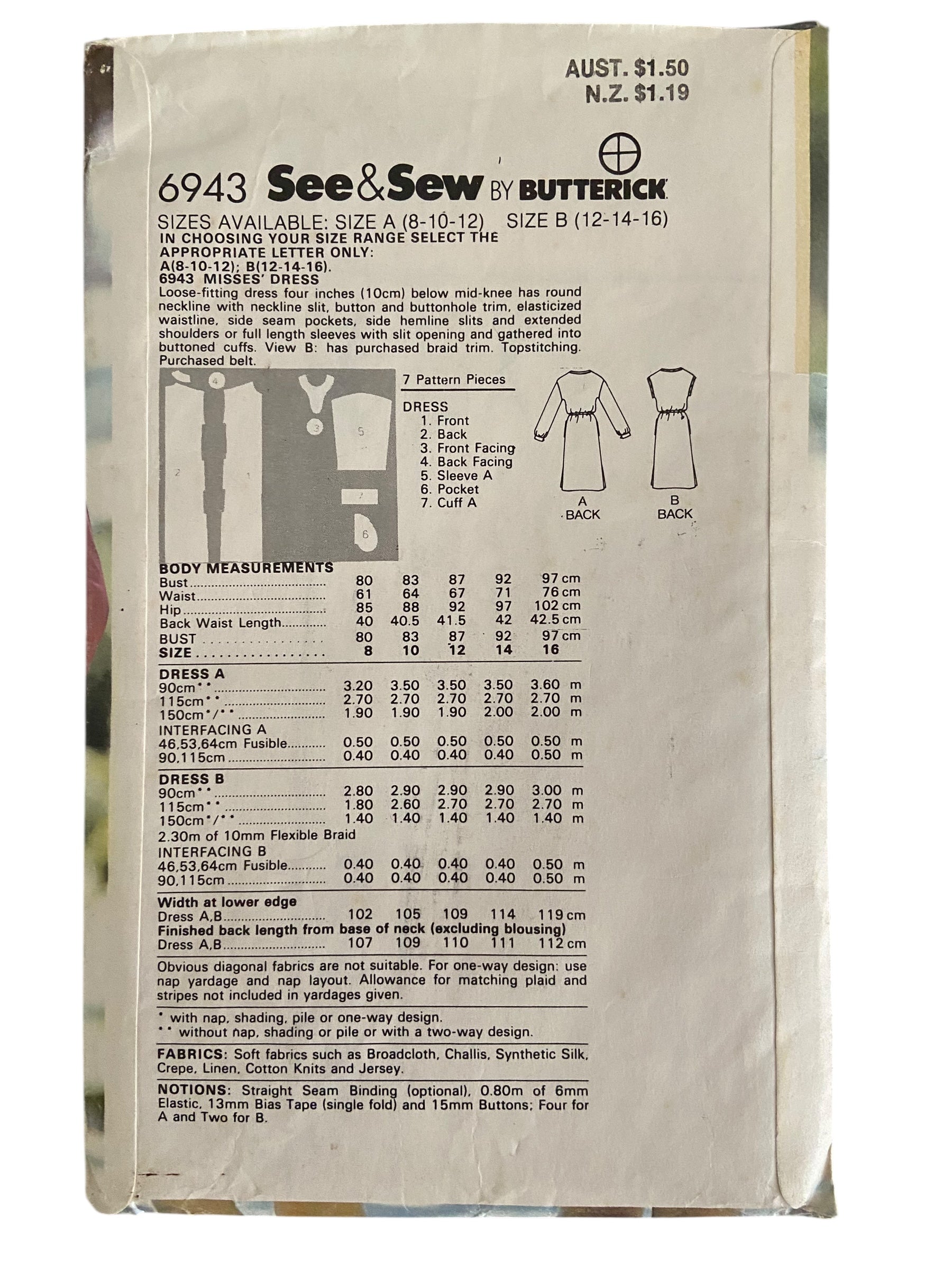 Butterick 6943 vintage 1970s  dress pattern. Bust 31.5, 32.5, 34 inches