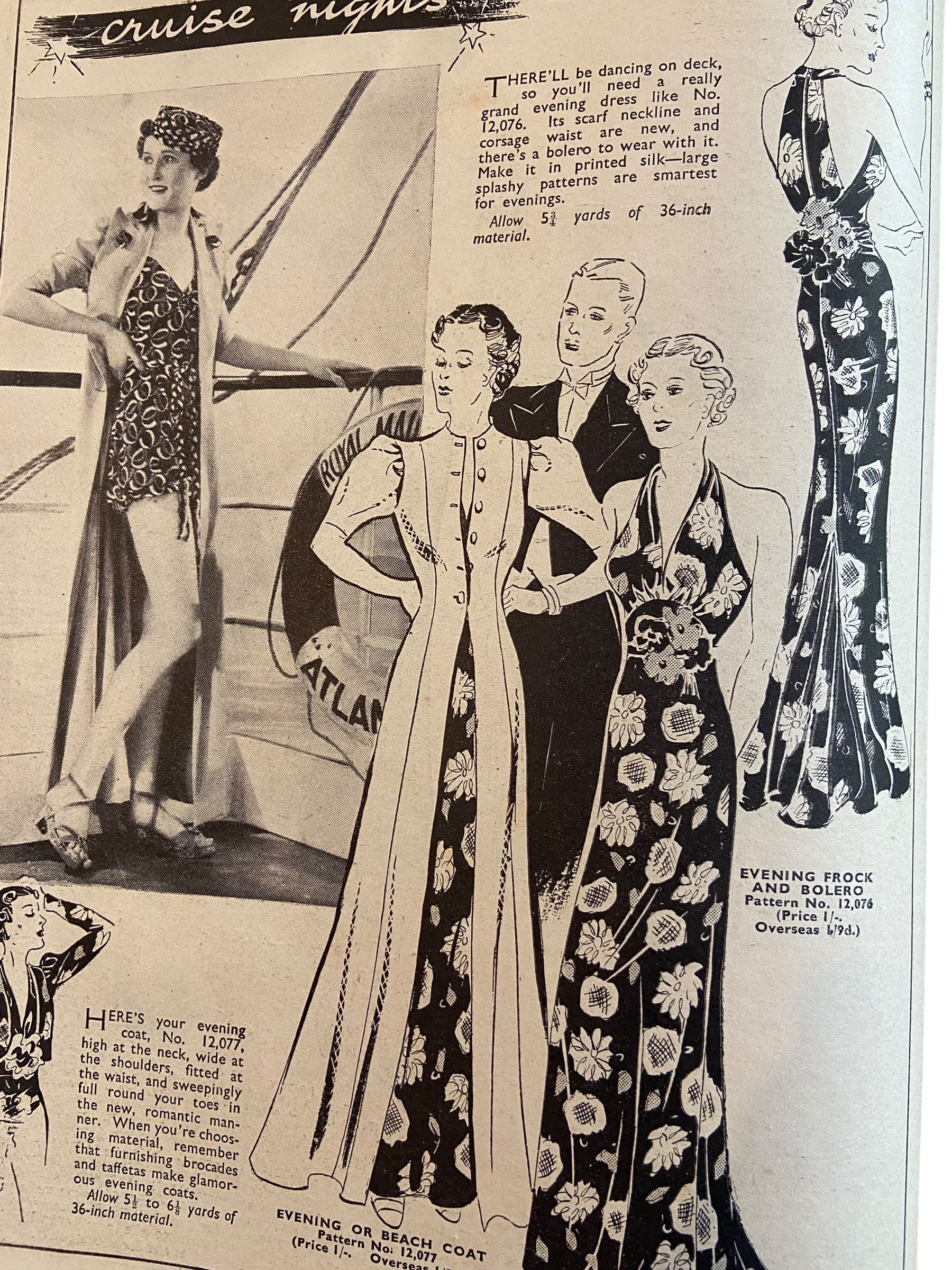 Mabs Fashions July 1937 with two dress sewing patterns, unused, factory folded. Bust 34 inches .