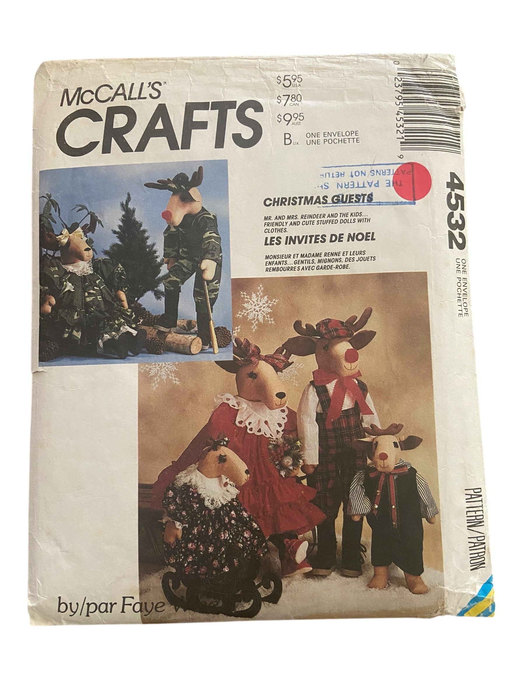 McCall’s 4532 vintage 1980s Christmas Craft reindeer dolls and clothes sewing pattern