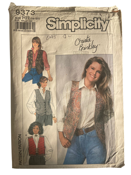 Simplicity 9373 vintage 1980s Christie Brinkley vest sewing pattern. Bust 36, 38, 40, 42 inches