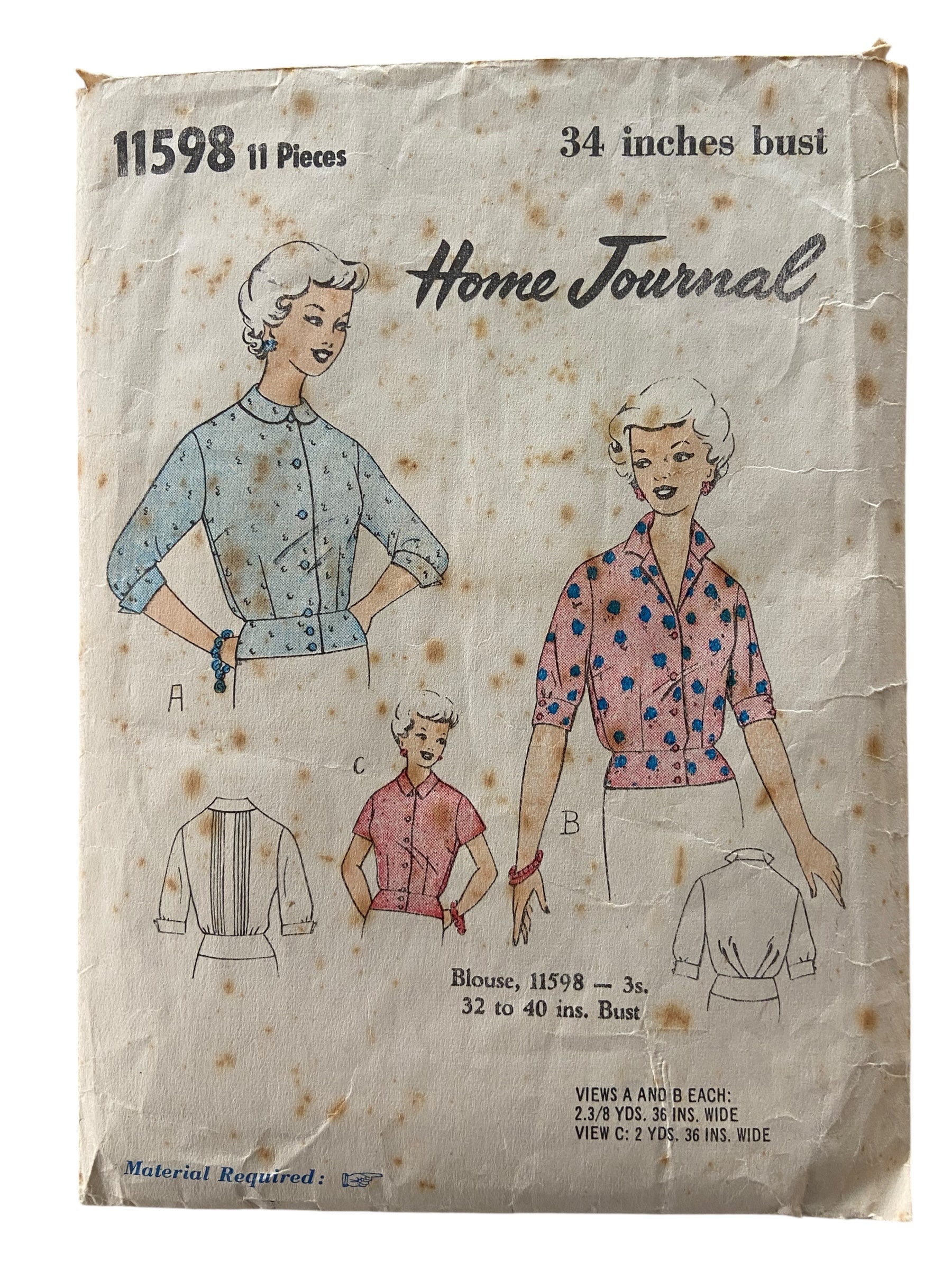 Home Journal 11598 vintage 1950s blouse UNPRINTED sewing pattern Bust 34 inches