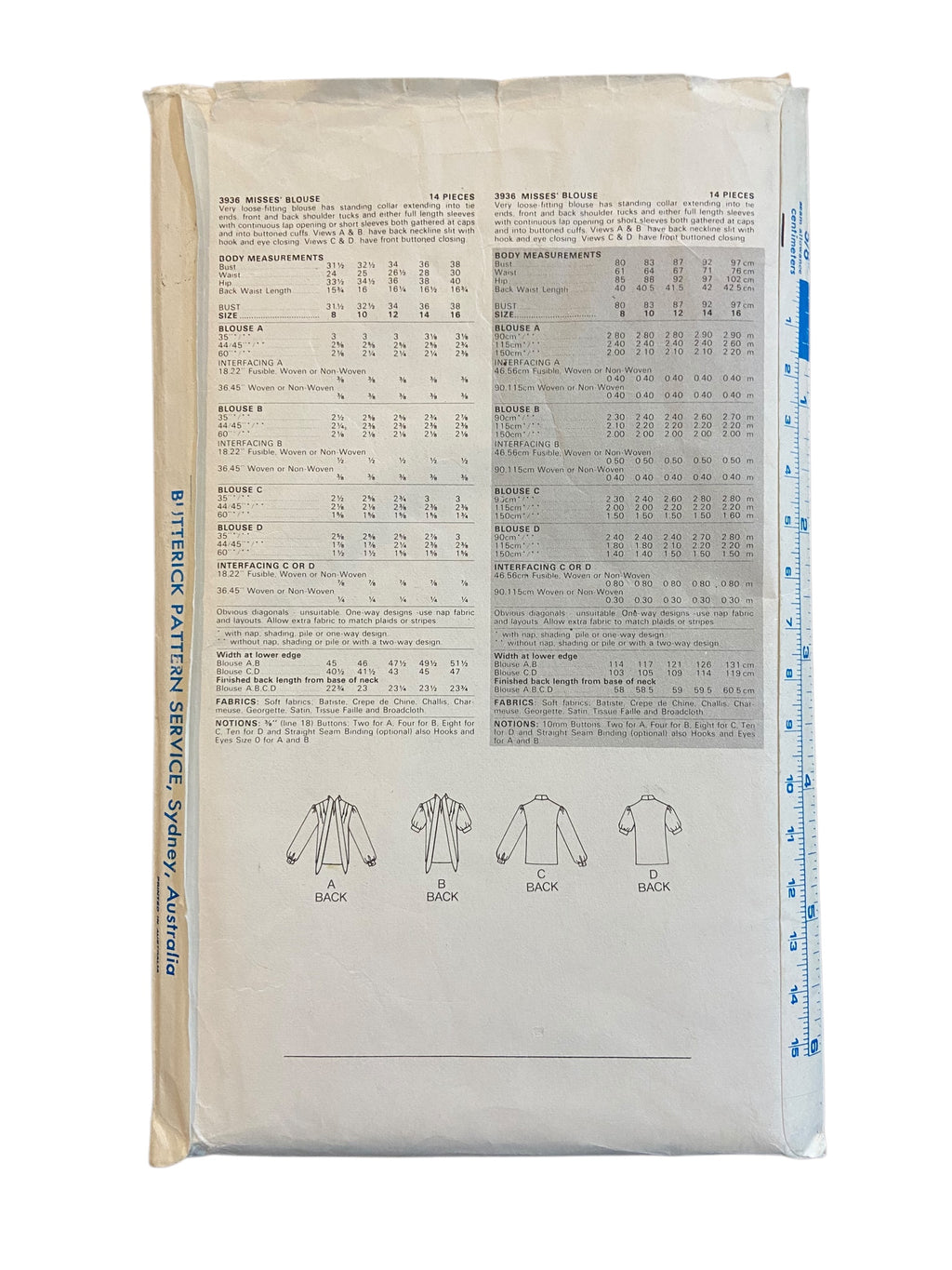 Butterick 3936 vintage 1980s pussy bow blouse sewing pattern. Bust 38 inches