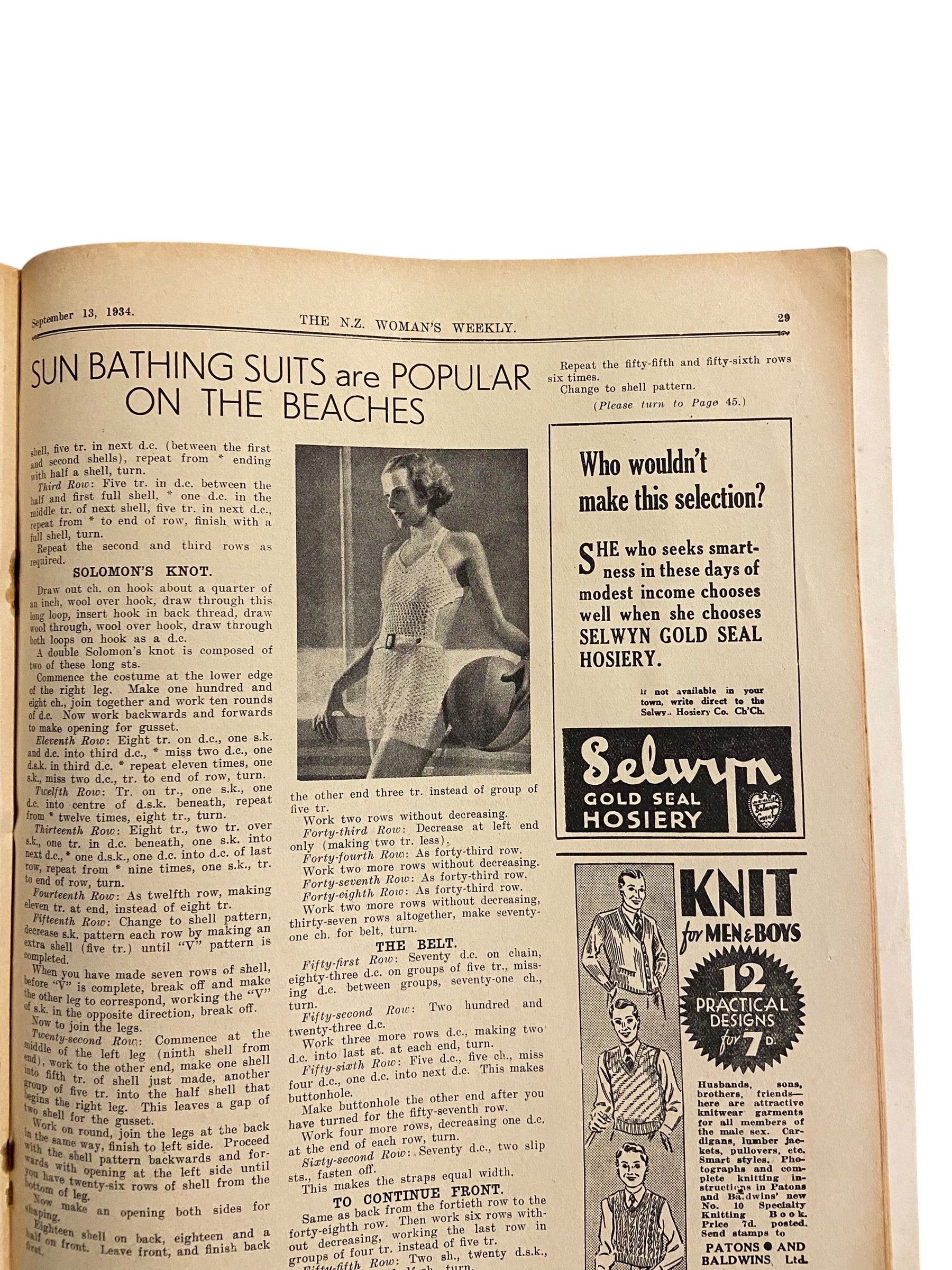 New Zealand Woman’s Weekly September 13 1934 with a sewing pattern, unused, factory folded, ladies maternity frock (attractive and simple maternity frock), bust 36 inches
