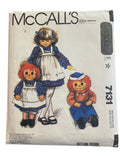McCall’s 7131 vintage 1980s Raggedy Ann and Raggedy Andy doll 36 inch 91.5 cm tall and children’s apron to fit 2 year old sewing pattern