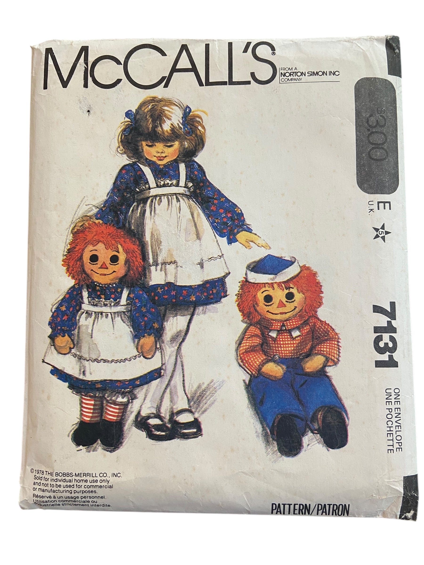 McCall’s 7131 vintage 1980s Raggedy Ann and Raggedy Andy doll 36 inch 91.5 cm tall and children’s apron to fit 2 year old sewing pattern