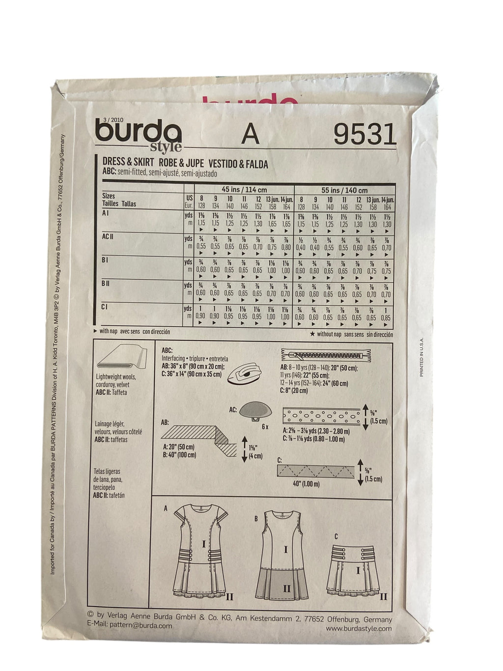 Burda kids 9531 child’s dress and skirt sewing pattern from the 2000s Sizes 8, 9, 10, 11, 12, 13, 14