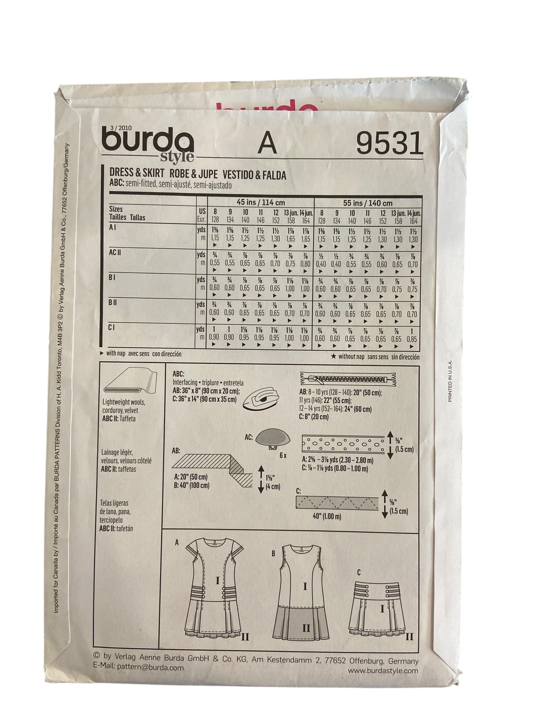 Burda kids 9531 child’s dress and skirt sewing pattern from the 2000s Sizes 8, 9, 10, 11, 12, 13, 14