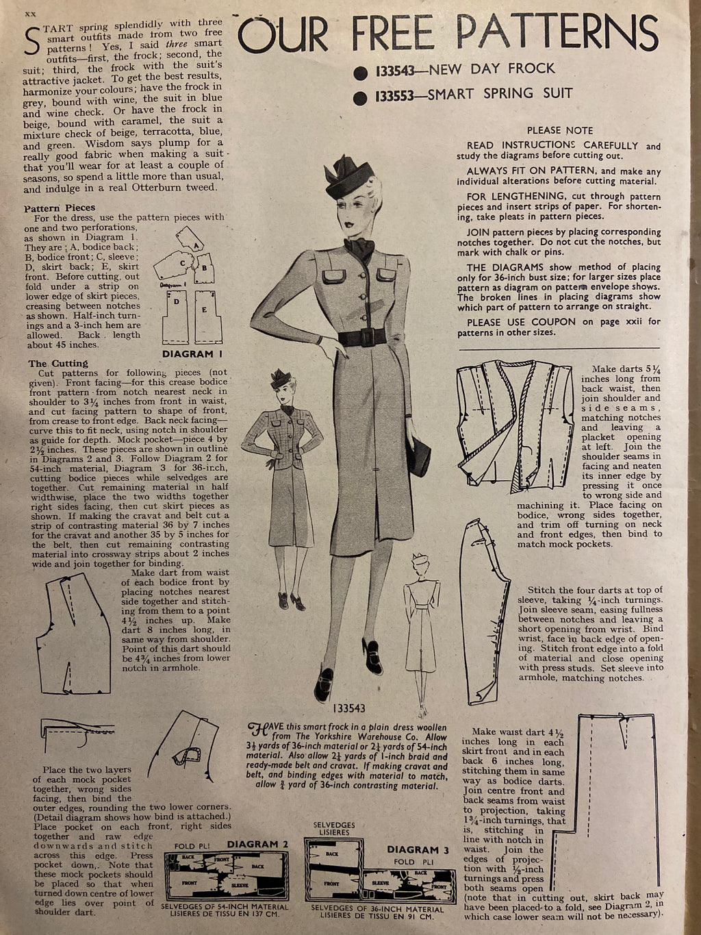Weldon’s Ladies’ Journal No. 717 Portfolio of Fashions circa 1930s with two sewing patterns, unused, factory folded spring suit and day frock. Bust 36 inches.