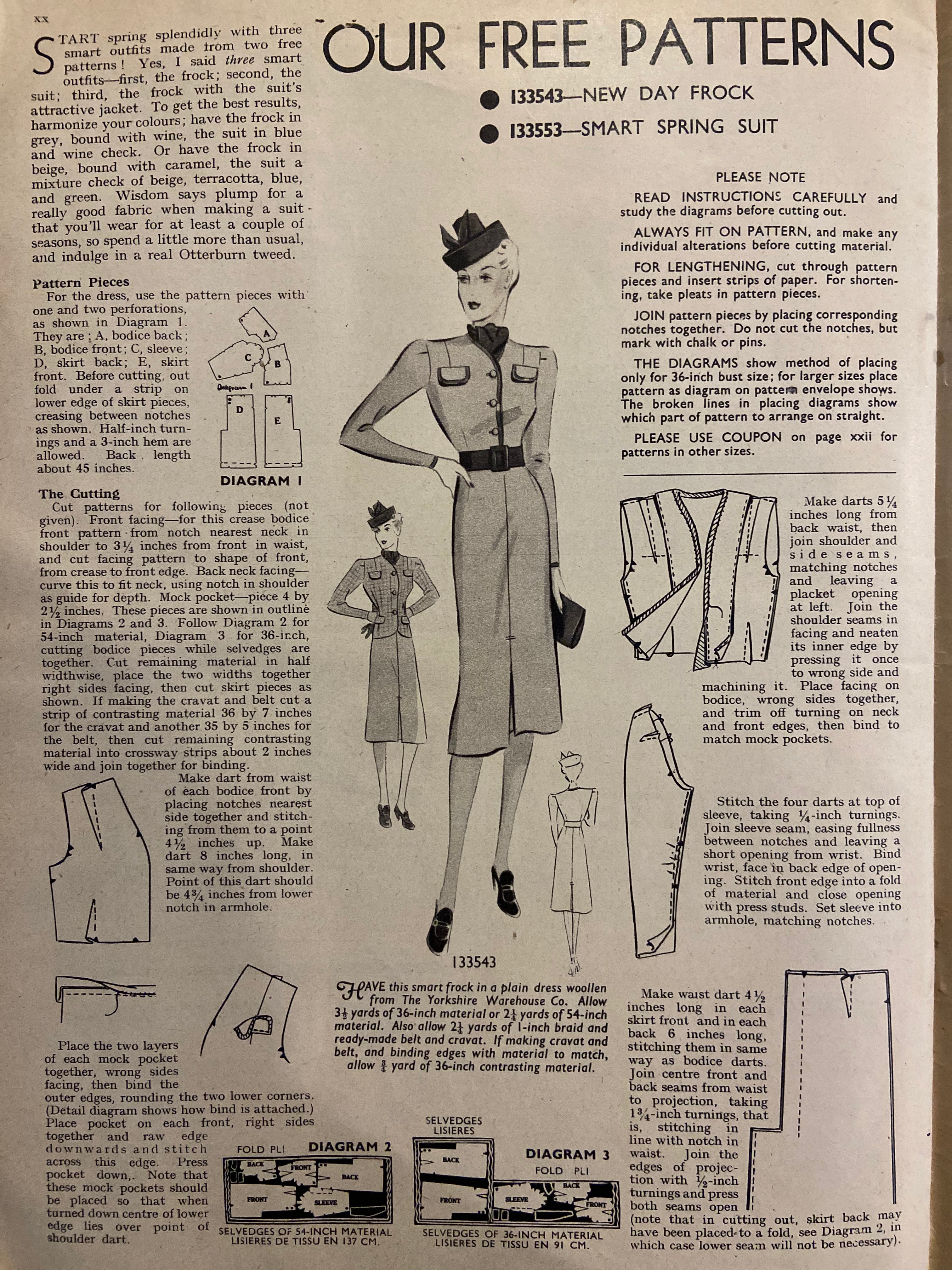 Weldon’s Ladies’ Journal No. 717 Portfolio of Fashions circa 1930s with two sewing patterns, unused, factory folded spring suit and day frock. Bust 36 inches.