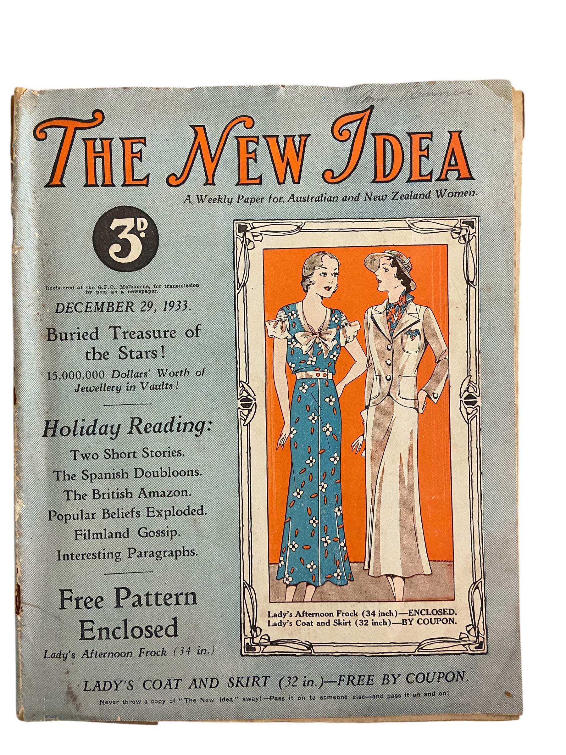 The New Idea Magazine . A weekly paper for Australian and New Zealand Women. December 29 1933 with sewing pattern unused, factory folded, lady’s afternoon frock. Bust 34 inches.