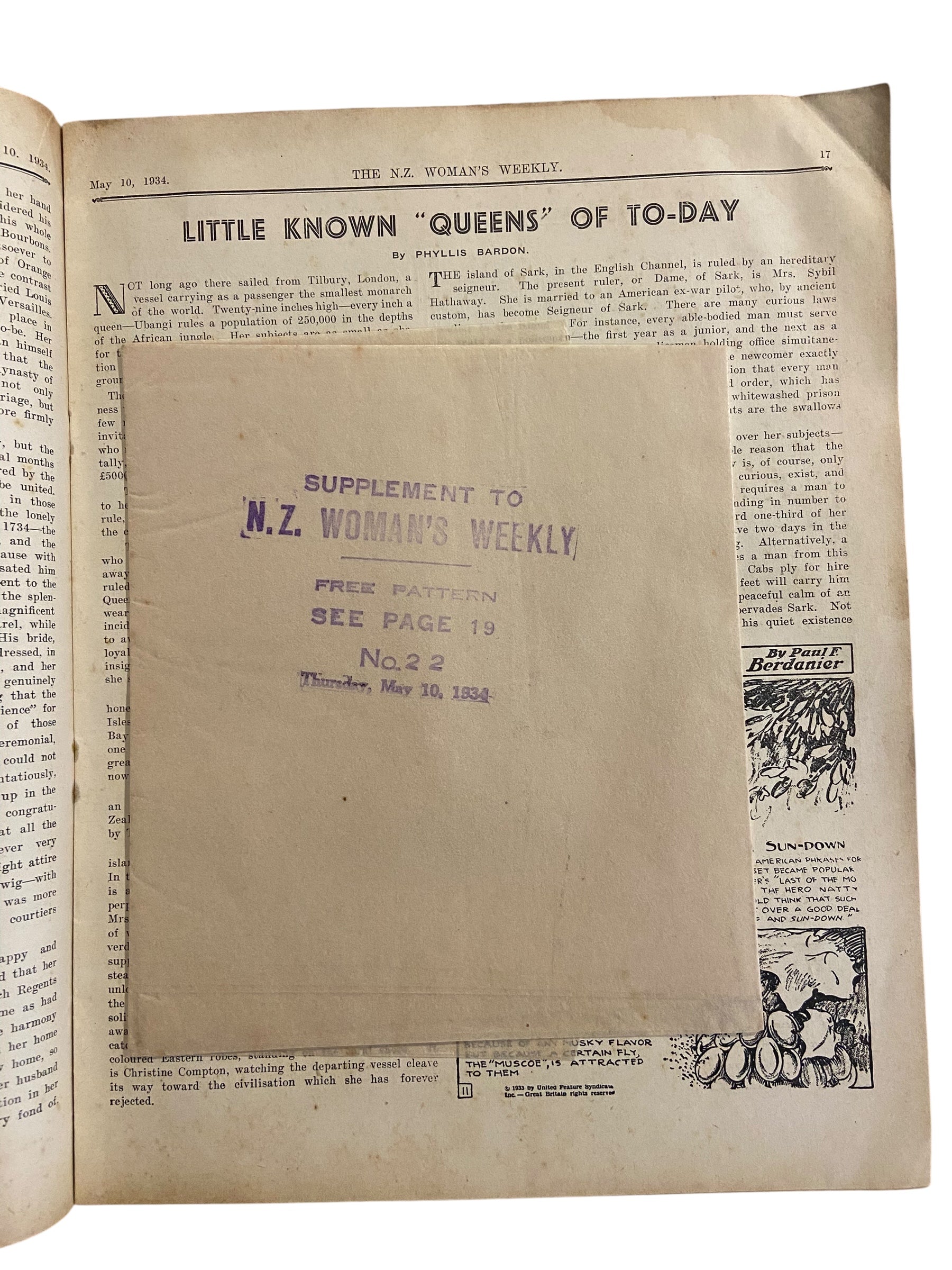 New Zealand Woman’s Weekly  May 10 1934 with a sewing pattern, unused, factory folded, attractive underslip bust 34 inches