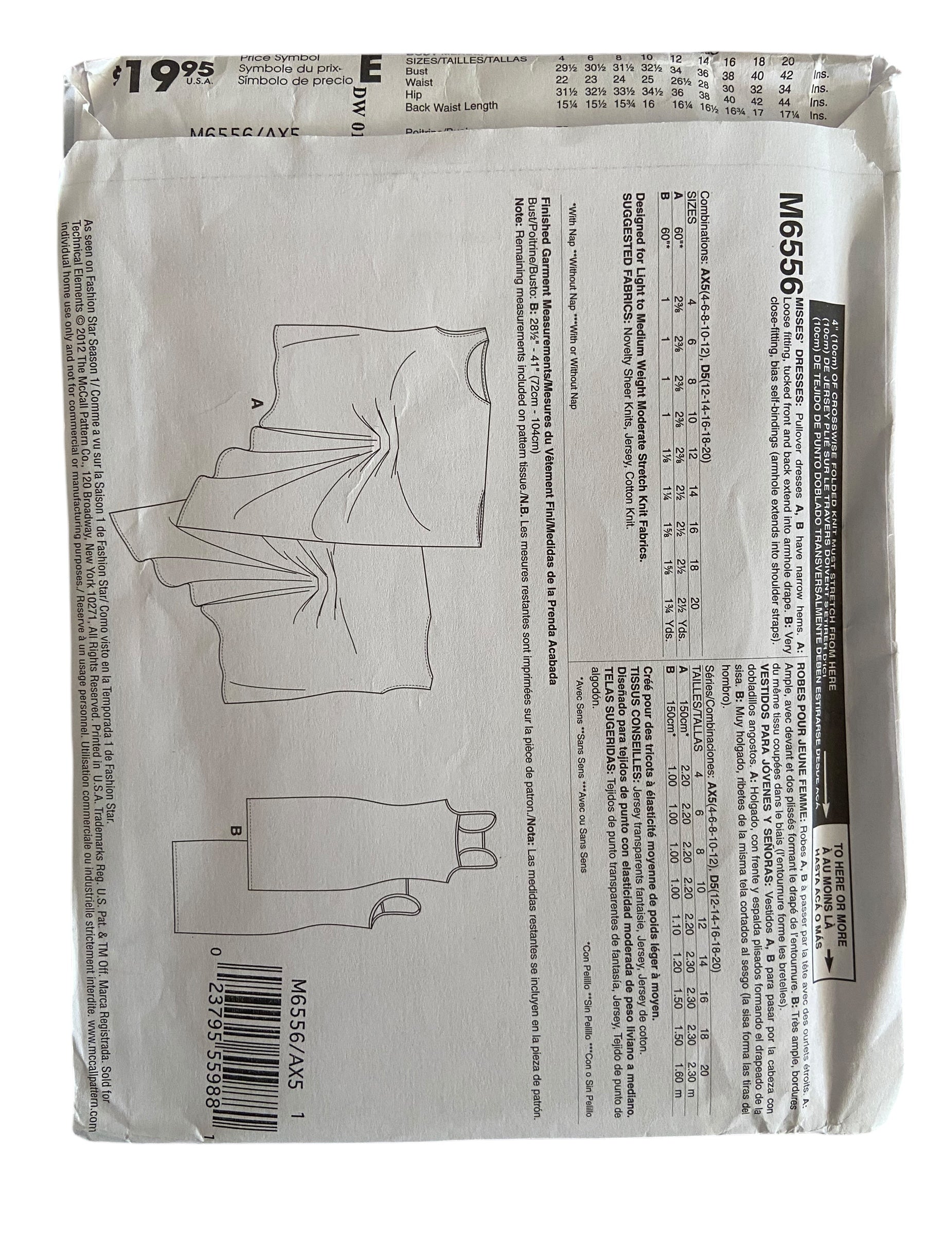 McCall's M6556 Fashion Star dress sewing pattern from the 2000s. Bust 29.5, 30.5, 31.5, 32.5, 34 inches.