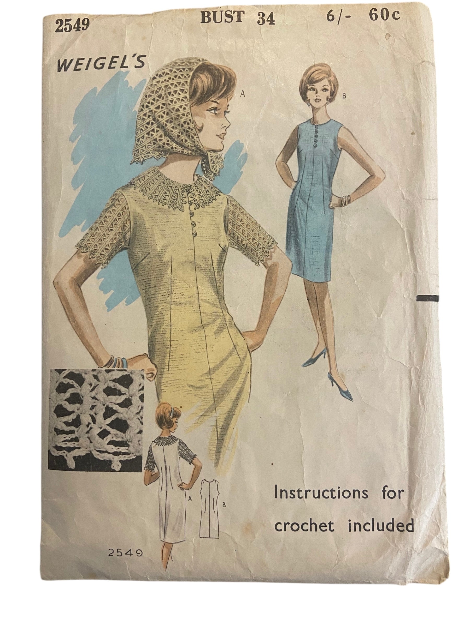 Weigel's 2549 vintage 1960s dress and headscarf with or without crochet collar and sleeves sewing pattern Bust 34 inches