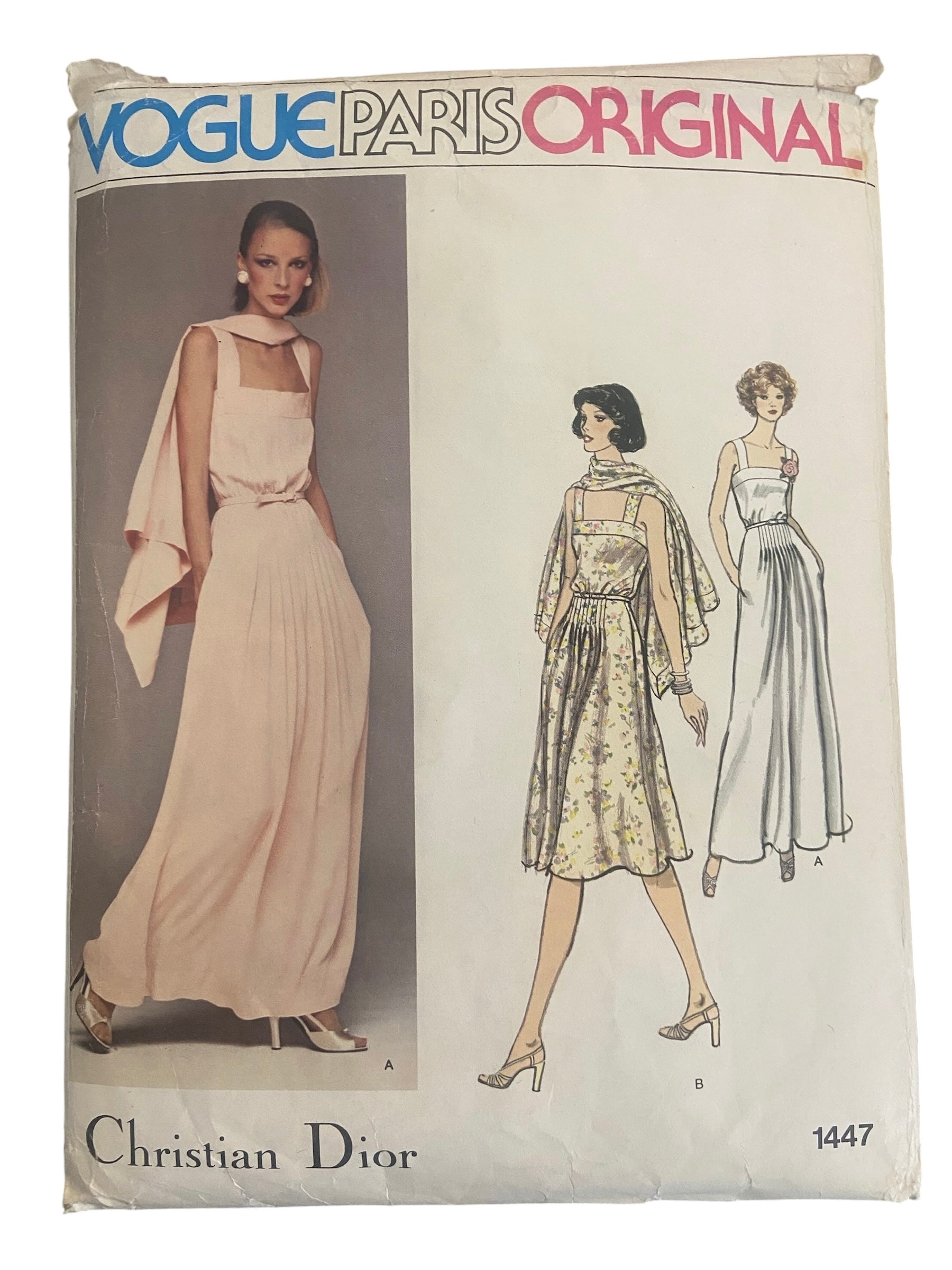 Vogue 1447. Vogue Paris original. Christian Dior 1970s evening dress and cape sewing pattern Bust 31.5 inches