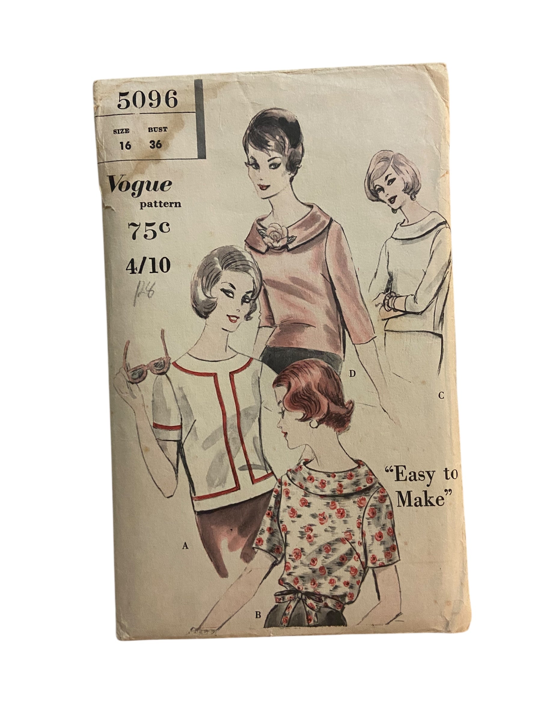 Vogue 5096 vintage 1960s blouse pattern. Bust 36 inches