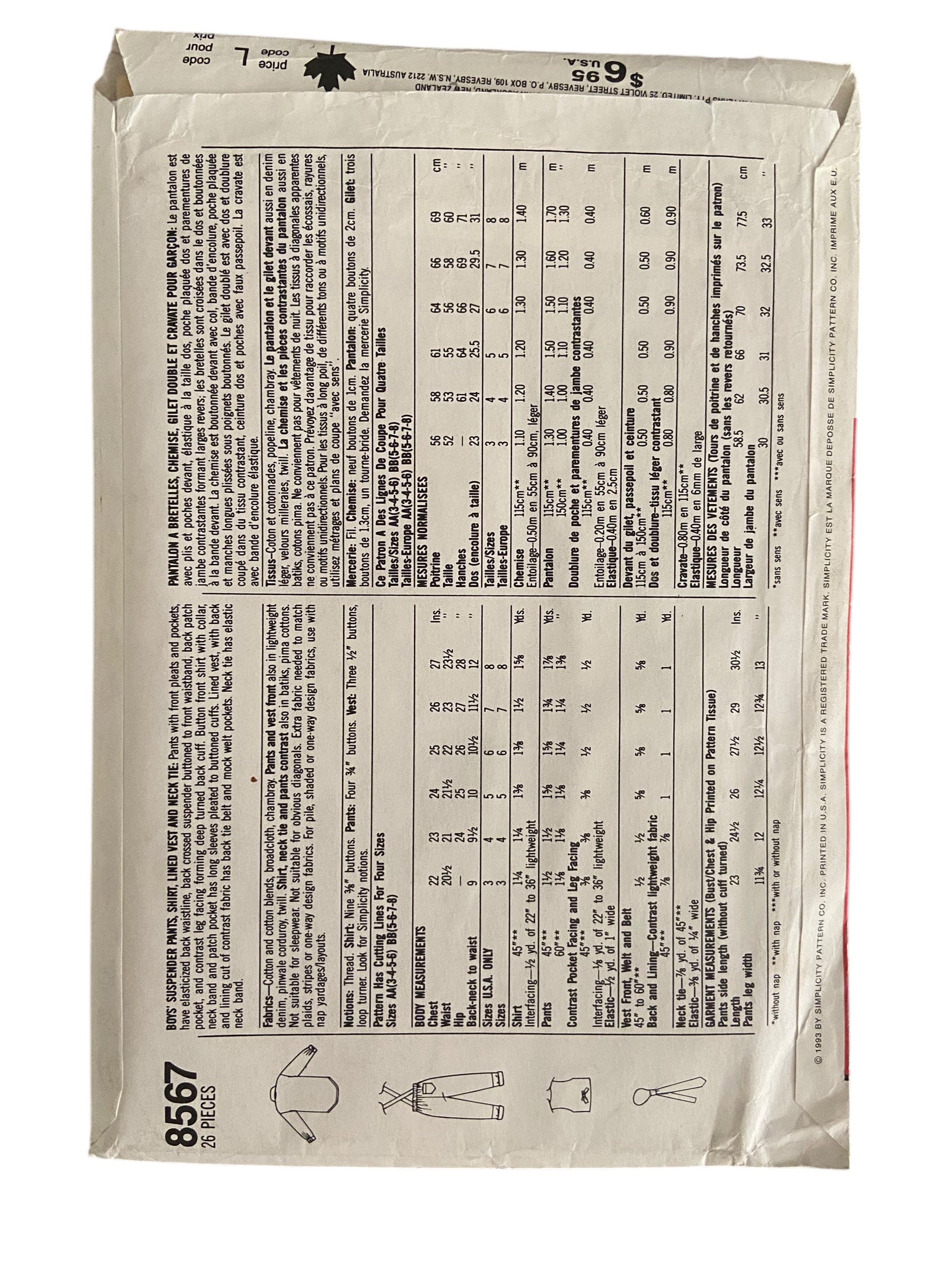 Simplicity 8567 vintage 1990s k.p kid’s and co. child's pants, shirt, vest and neck tie sewing pattern Chest 24, 25, 26, 27 inches