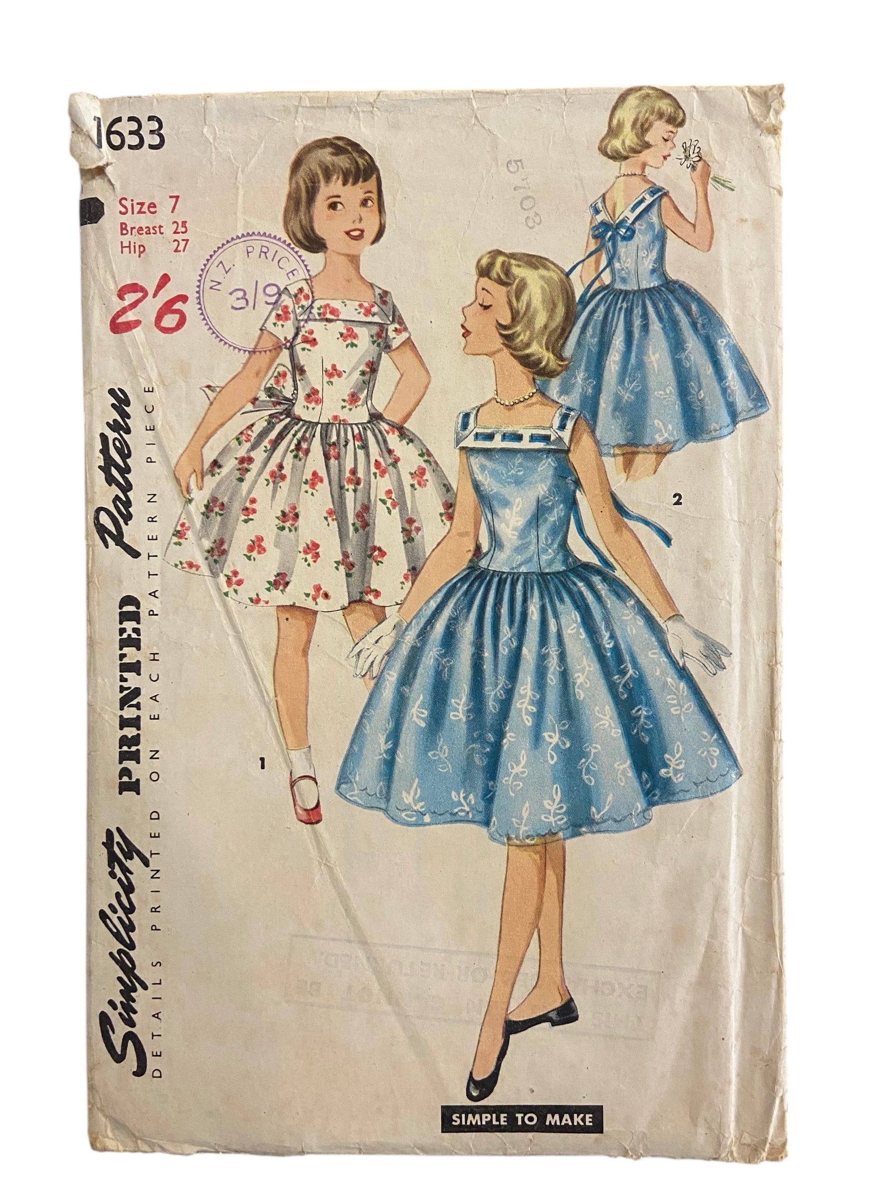 Simplicity 1633 vintage 1950s vintage 1950s child's dress sewing pattern. Size 7 breast 25 inches