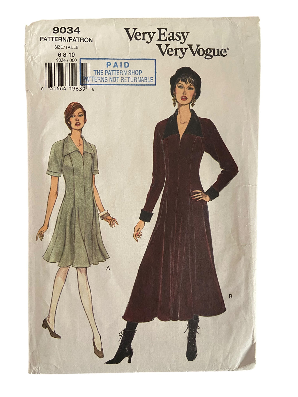 Vogue 9034 vintage 1990s very easy very vogue dress sewing pattern Bust 30.5, 31.5, 32.5 inches