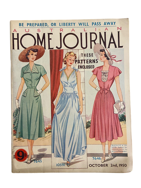 Australian home journal October 2nd 1950 with three sewing pattern, unused, factory folded. Two dresses and night dress. Bust 34 inches.