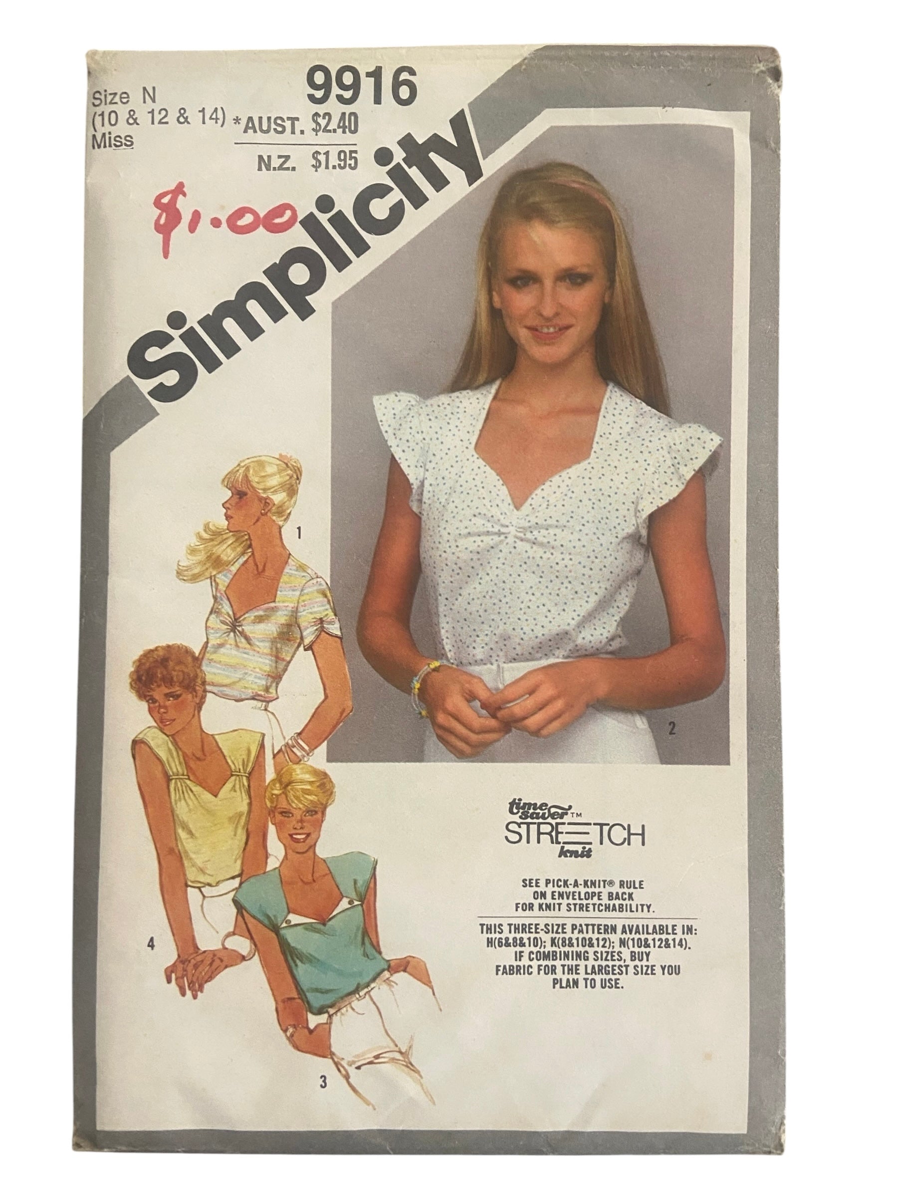 Simplicity 9916 vintage 1980s tops sewing pattern. Bust 32.5, 34, 36 inches