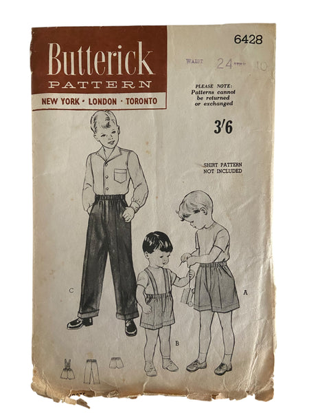 Butterick 6428 vintage 1950s boy's boxer shorts and slacks sewing pattern. Size 10 years waist 24 inches.